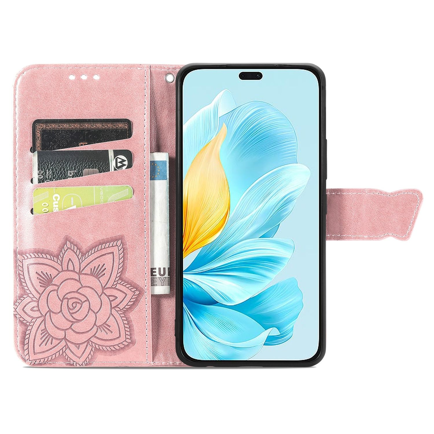 Rosa Handyhülle mit Telefon darin. Die Hülle hat Kartenfächer und ein Blumendesign.