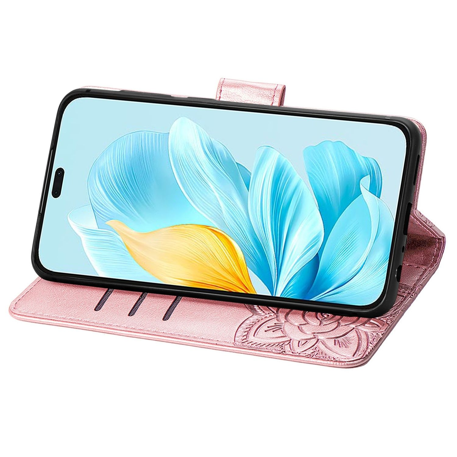 Rosa Handyhülle mit Handy. Handy-Bildschirm zeigt ein Blumendesign.