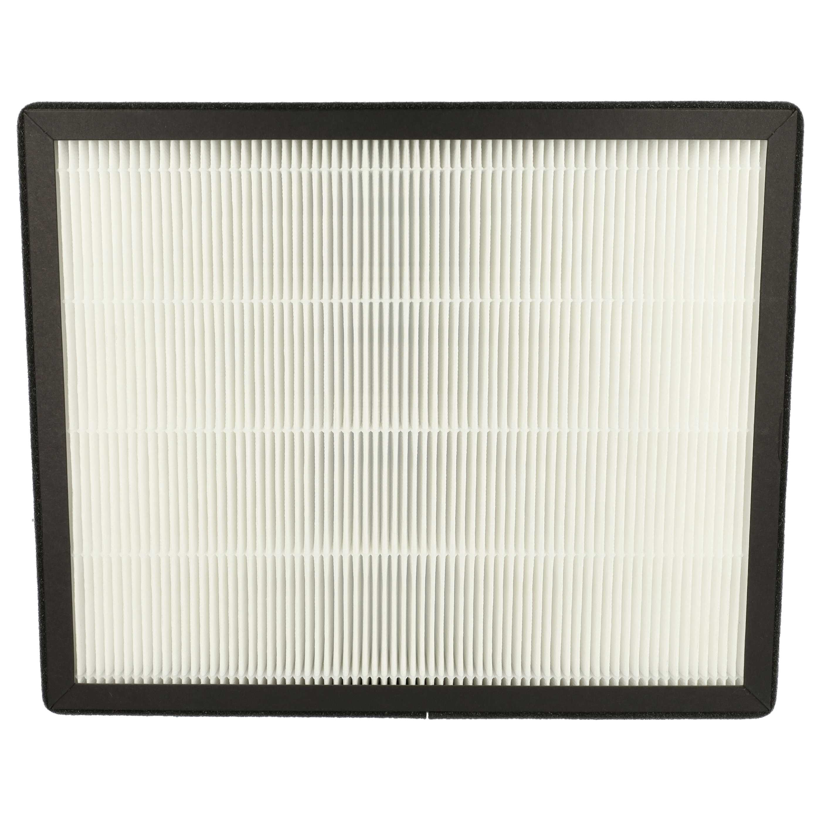 Rechteckiger Luftfilter mit schwarzem Rahmen, weißem, plissiertem Filter und Nahaufnahme.