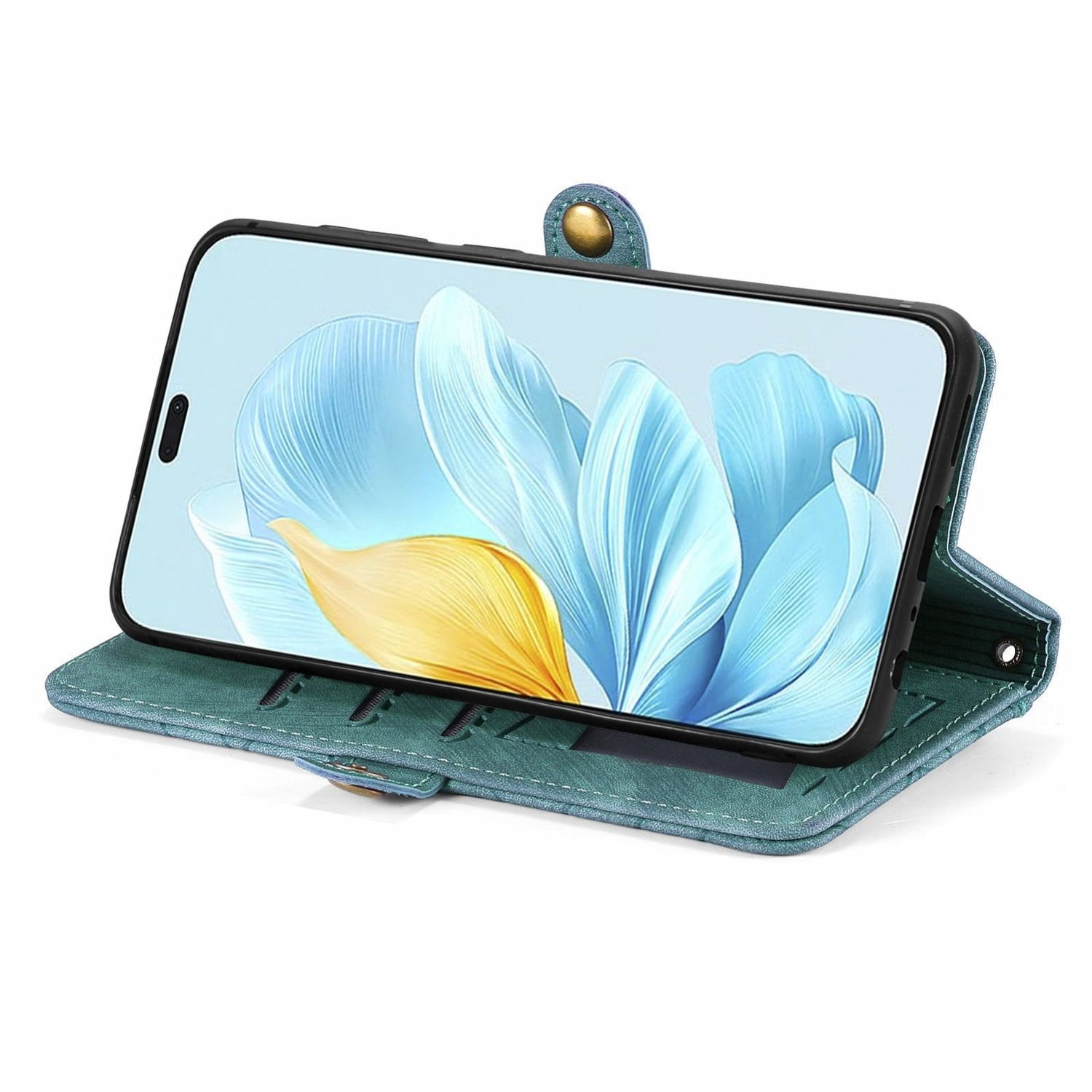 Eine türkis Handyhülle mit einem Telefon darin, offen auf einer Oberfläche stehend.