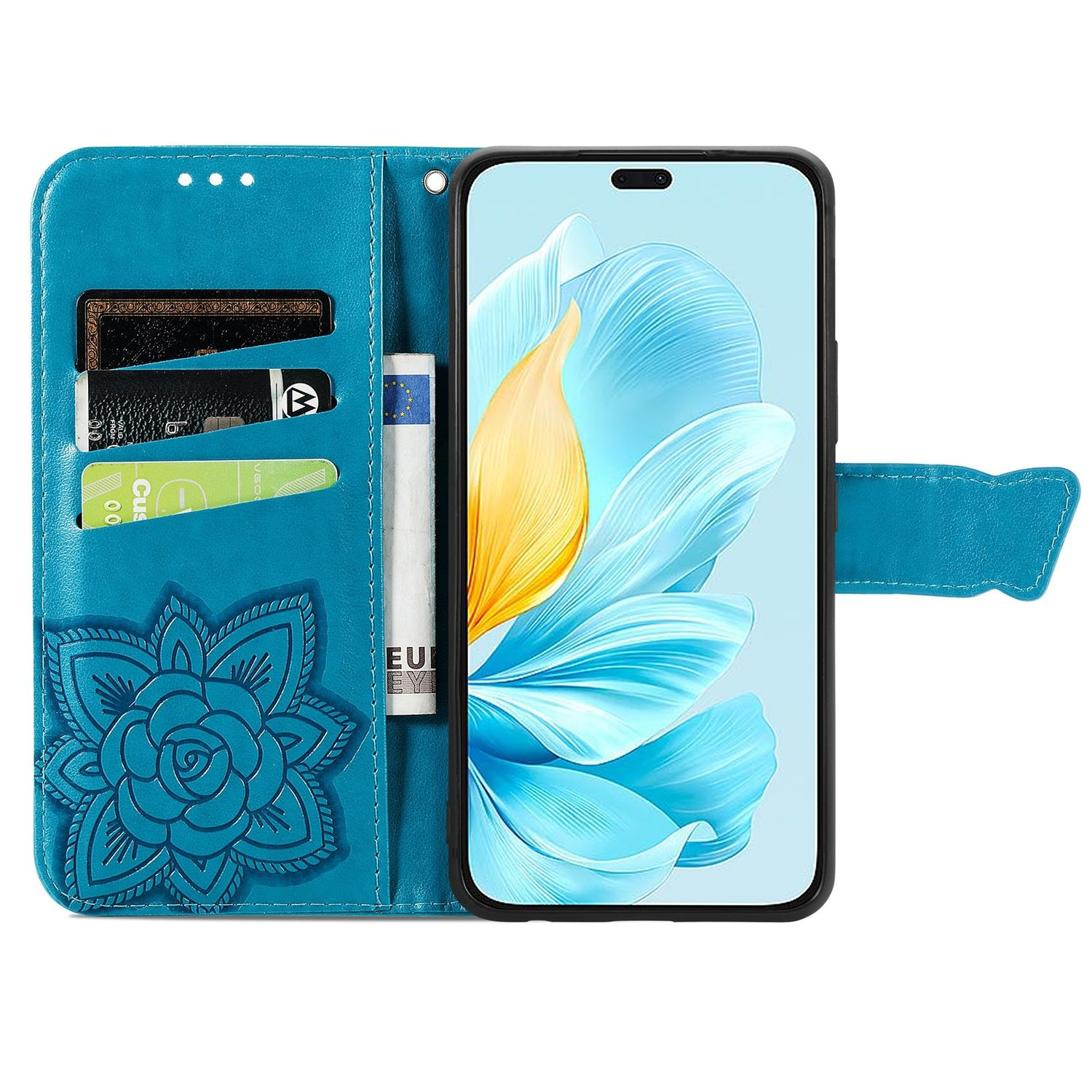 Blaue Telefon-Geldbörsenhülle, mit Kartenfächern und Blumendesign.