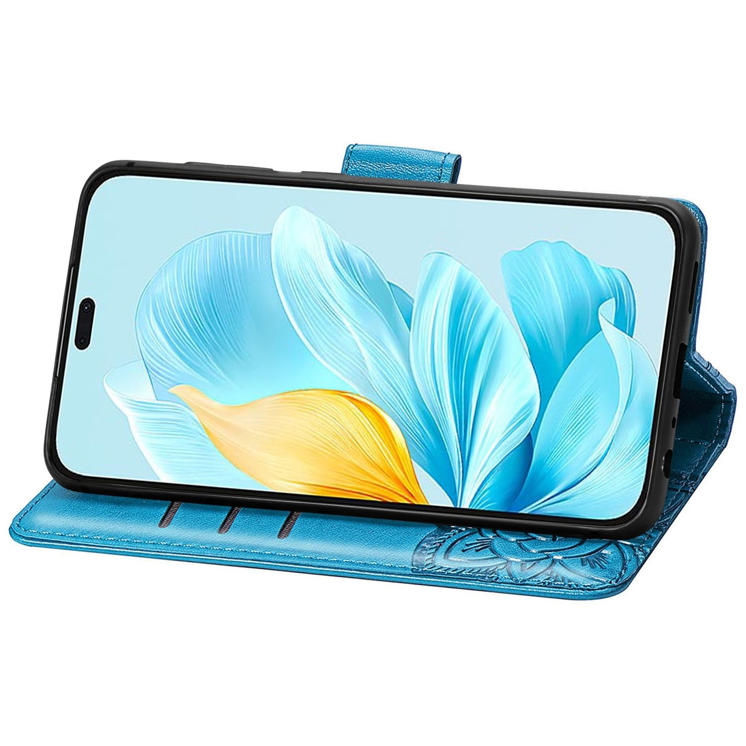 Eine blaue Handyhülle mit einem Telefon darin, das eine florale Tapete zeigt.