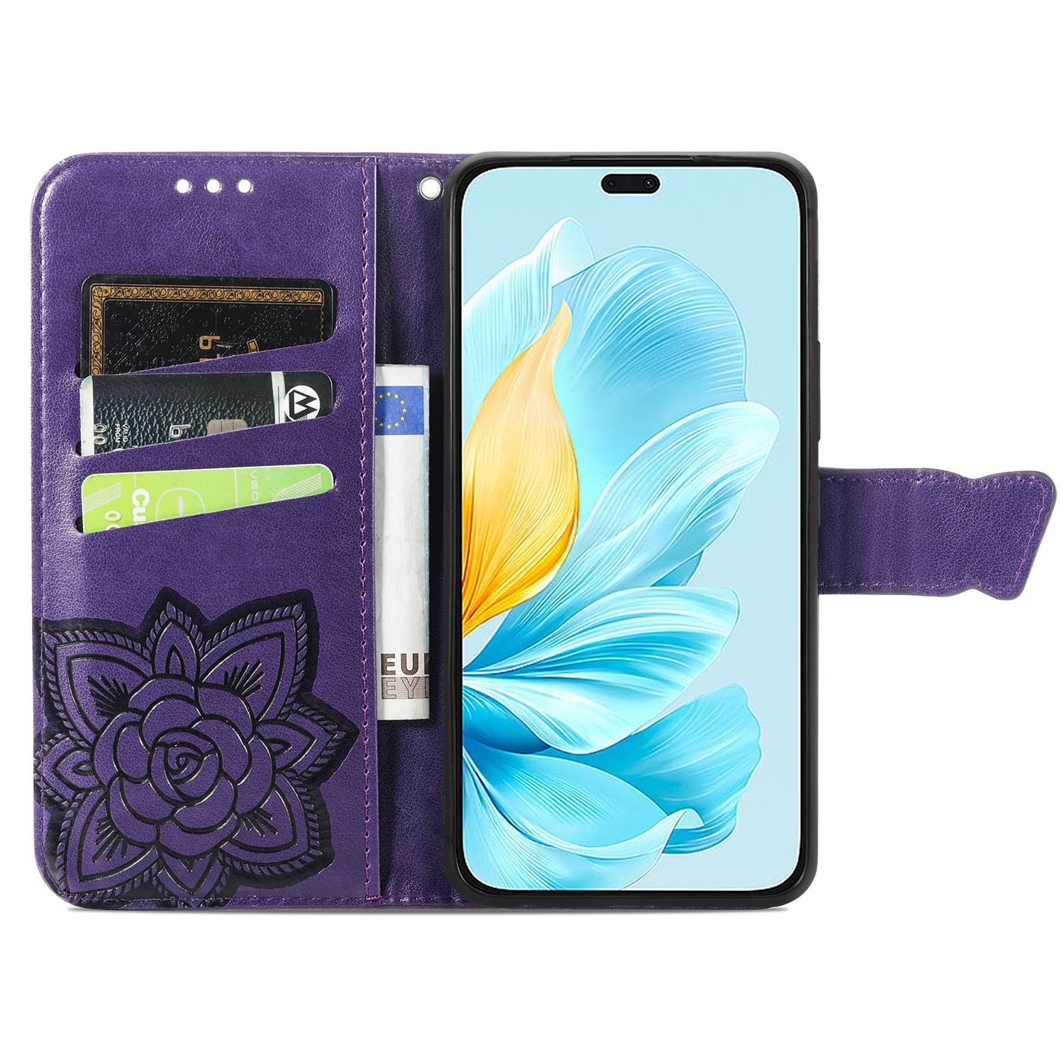 Lila Handyhülle mit floralem Design und Schlitzen für Karten und Bargeld. Der Bildschirm wird gezeigt.
