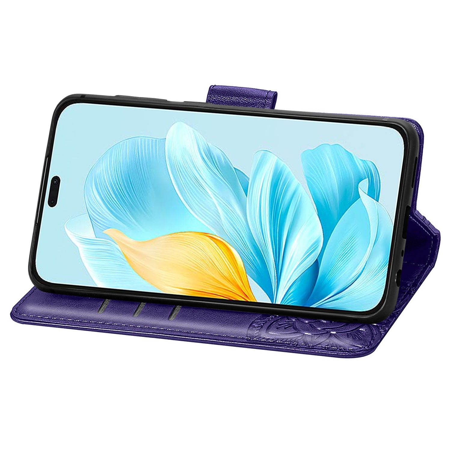 Ein Telefon in einem lila Etui, offen, zeigt eine florale Tapete auf dem Bildschirm.