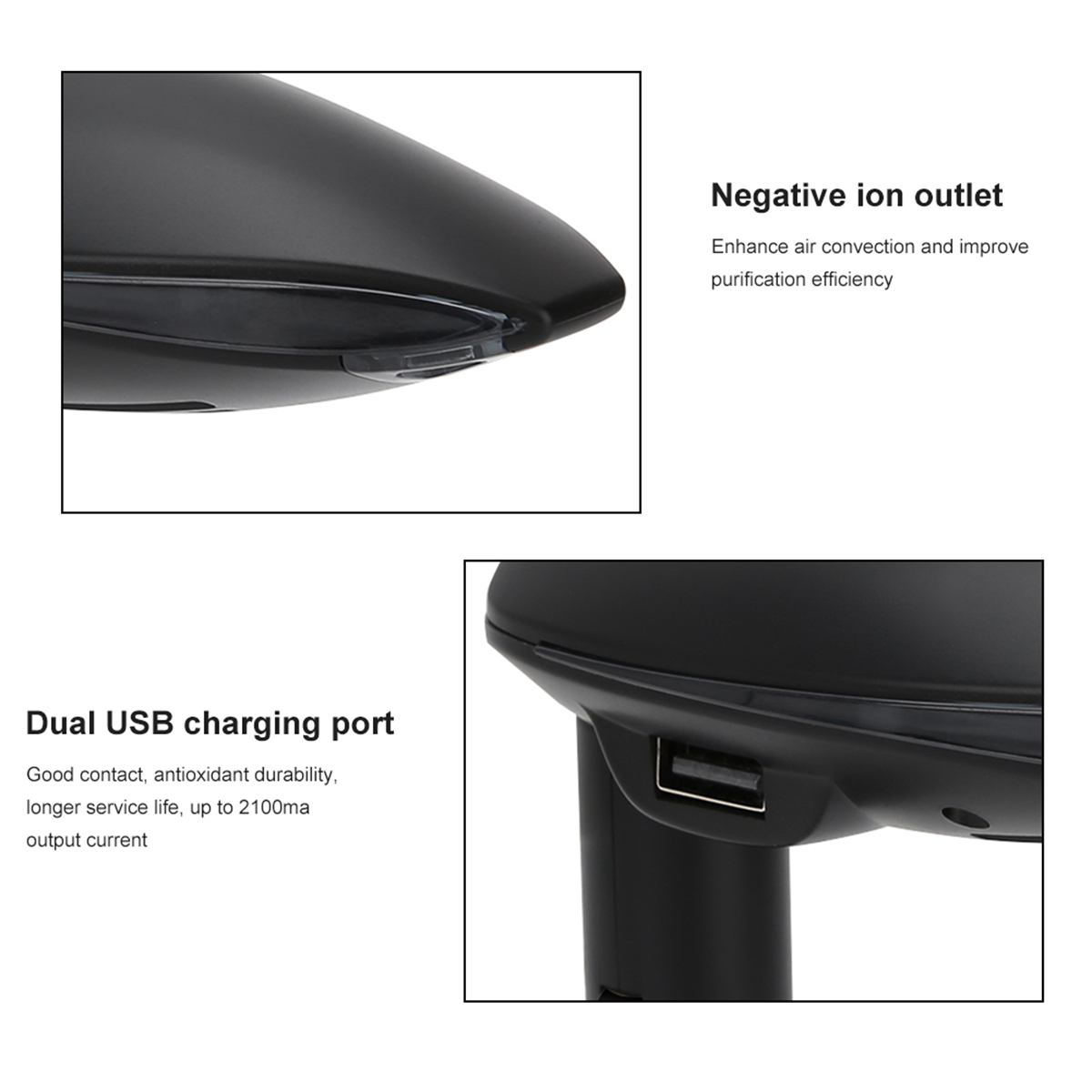 Nahaufnahme eines schwarzen Geräts mit Negative-Ionen-Auslass und USB-Ladeanschlussdetails.