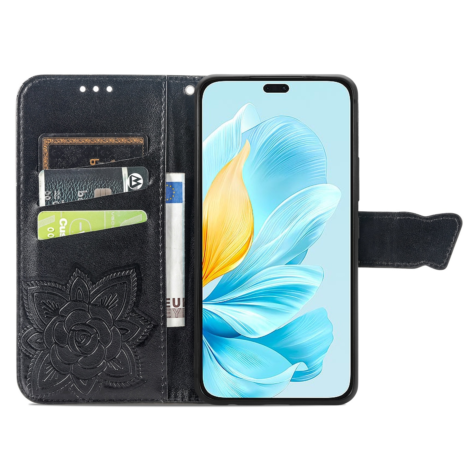 Schwarze Handyhülle mit Blumendesign und Handy mit Blumenbild.