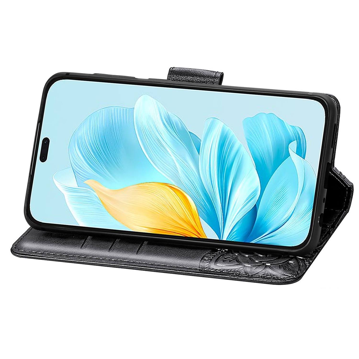 Ein schwarzes Telefon in einer schwarzen Leder-Brieftasche, zeigt ein Blumen-Hintergrundbild.