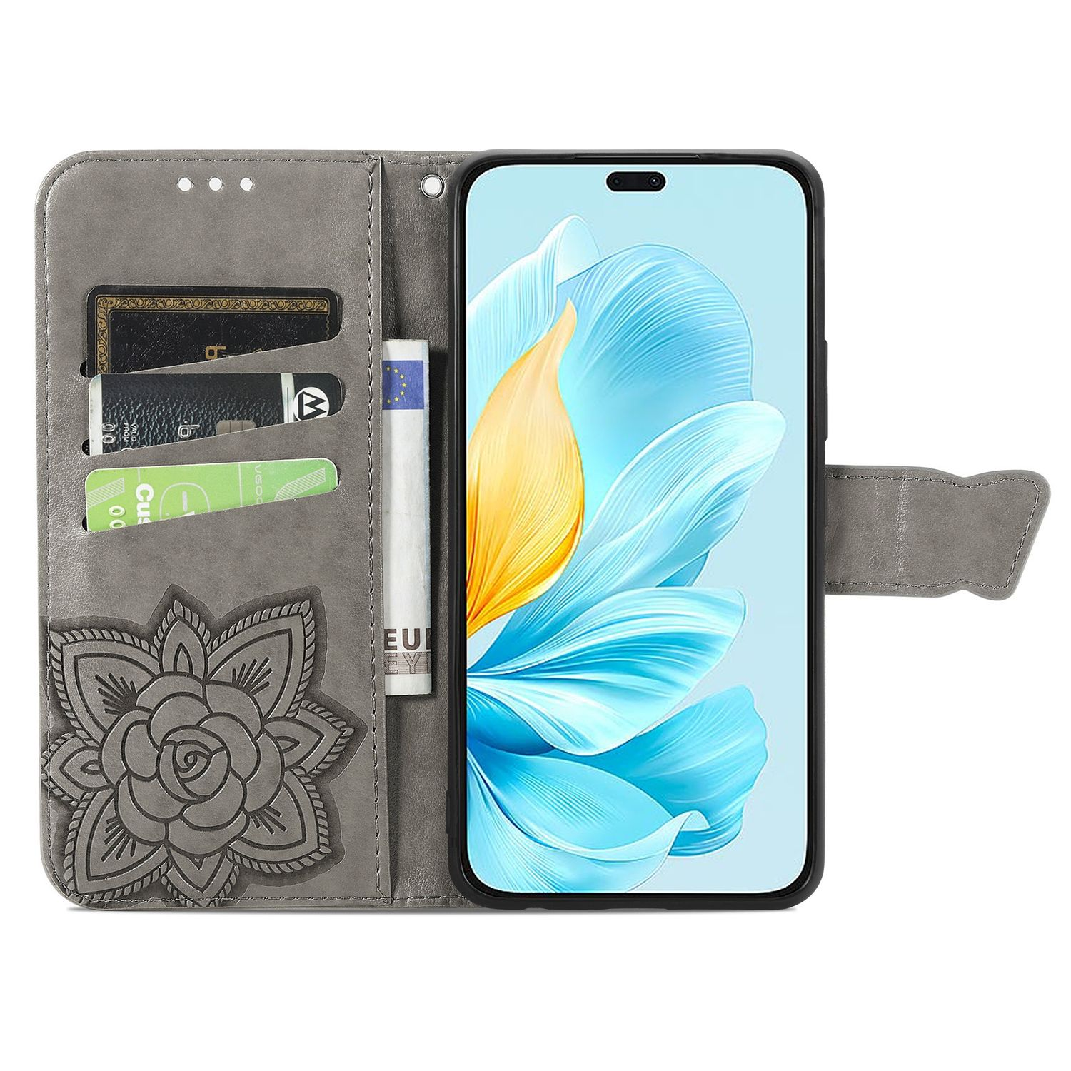 Graue Handyhülle mit floralem Design und Telefon, das ein blaues Blumenbild zeigt.