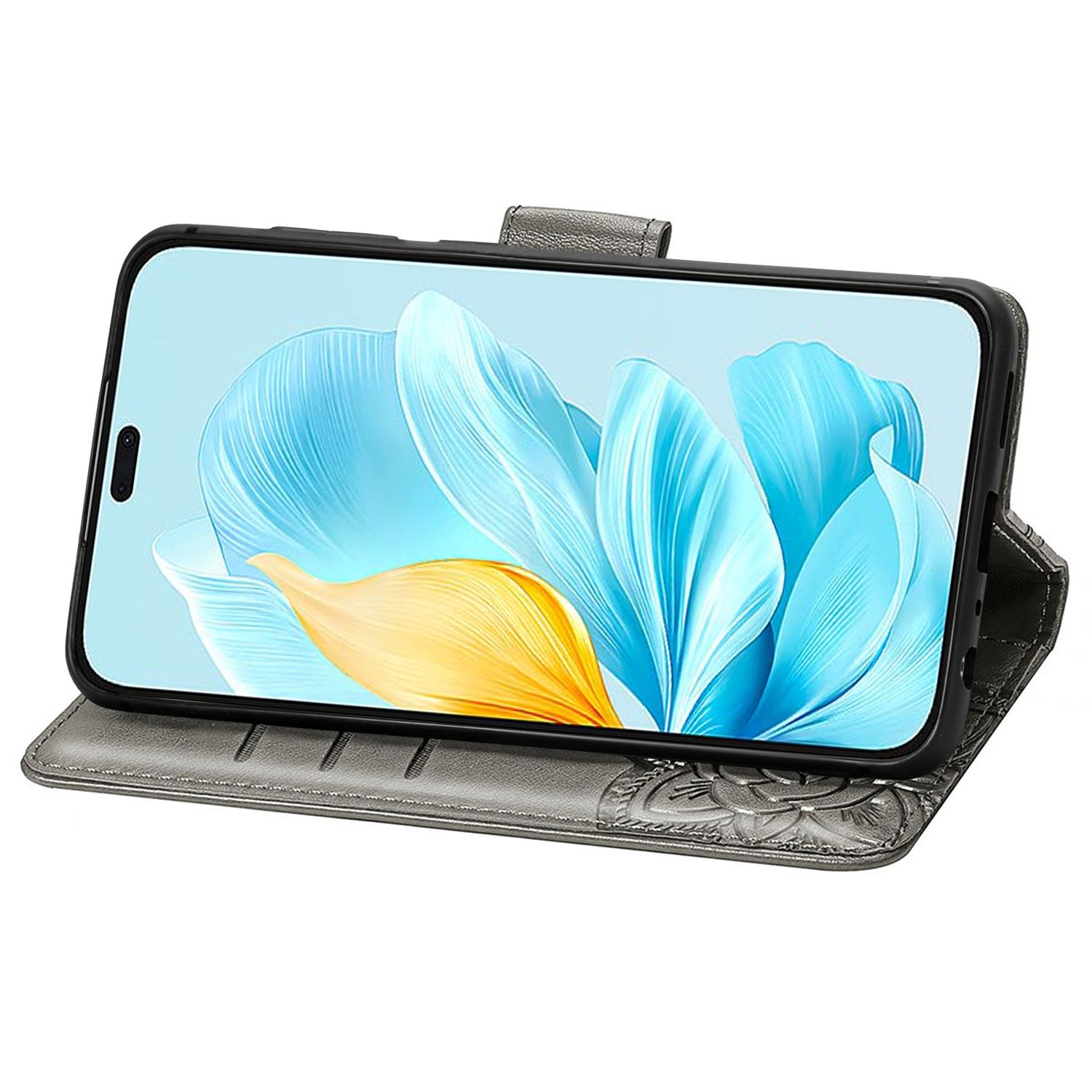 Ein Telefon in einem grauen Etui, offen, zeigt ein florales Hintergrundbild.