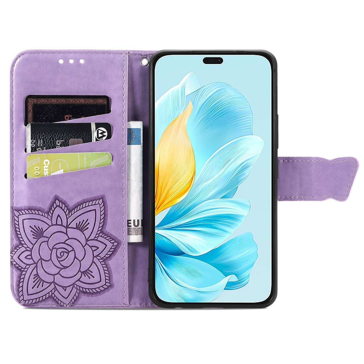 Lila Geldbörsen-Handyhülle mit Karten, Geld und Blumendesign.