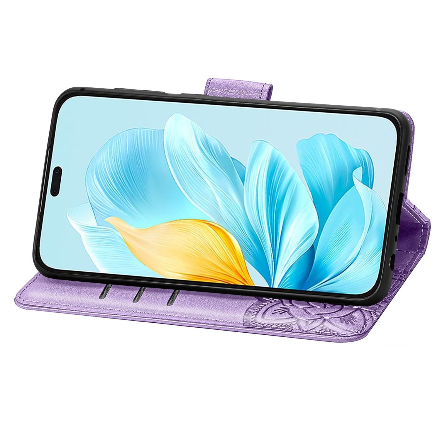 Lila Handyhülle mit Blumendesign, hält ein Handy mit blauem Hintergrund.