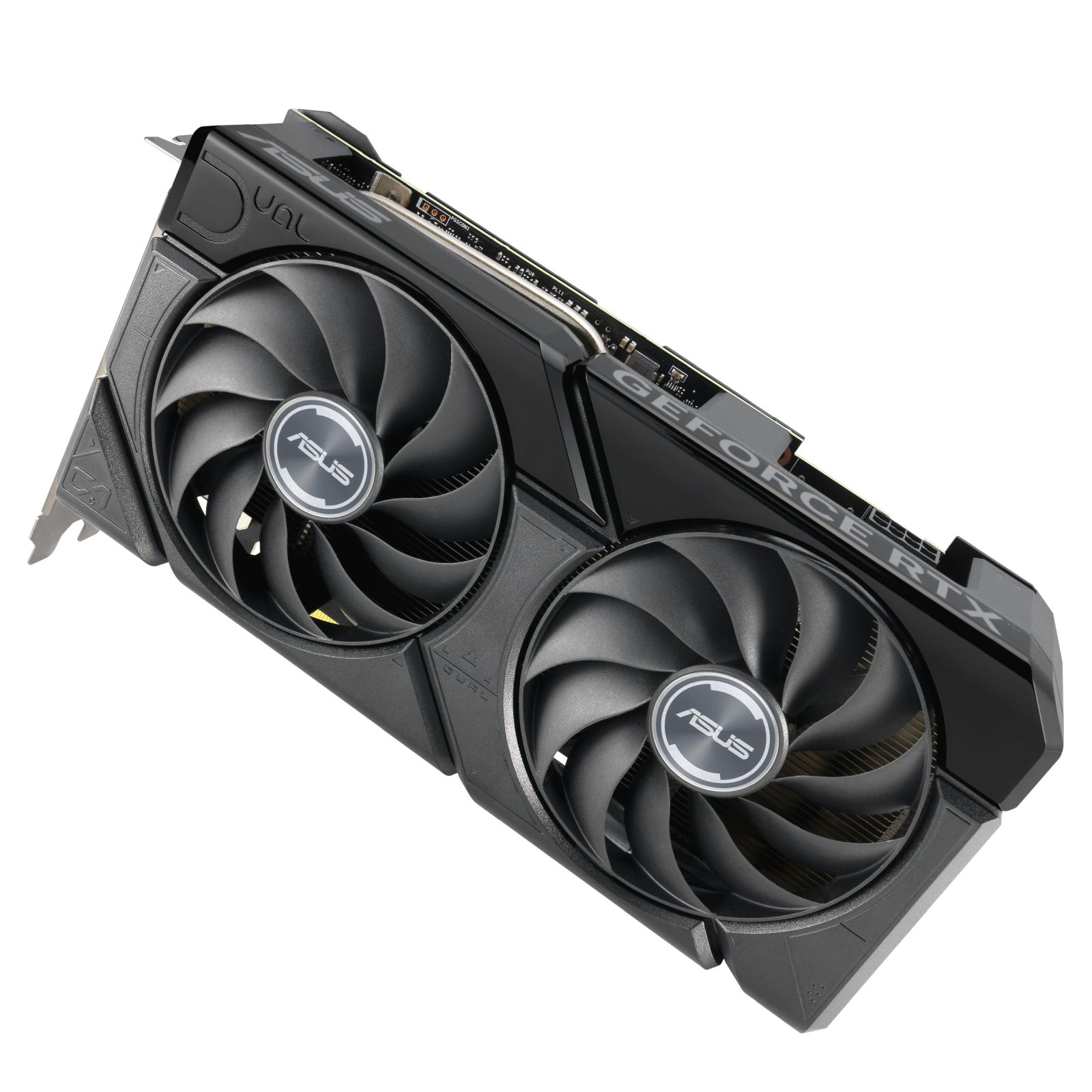 Scheda grafica Asus GeForce RTX, con due ventole e telaio nero.