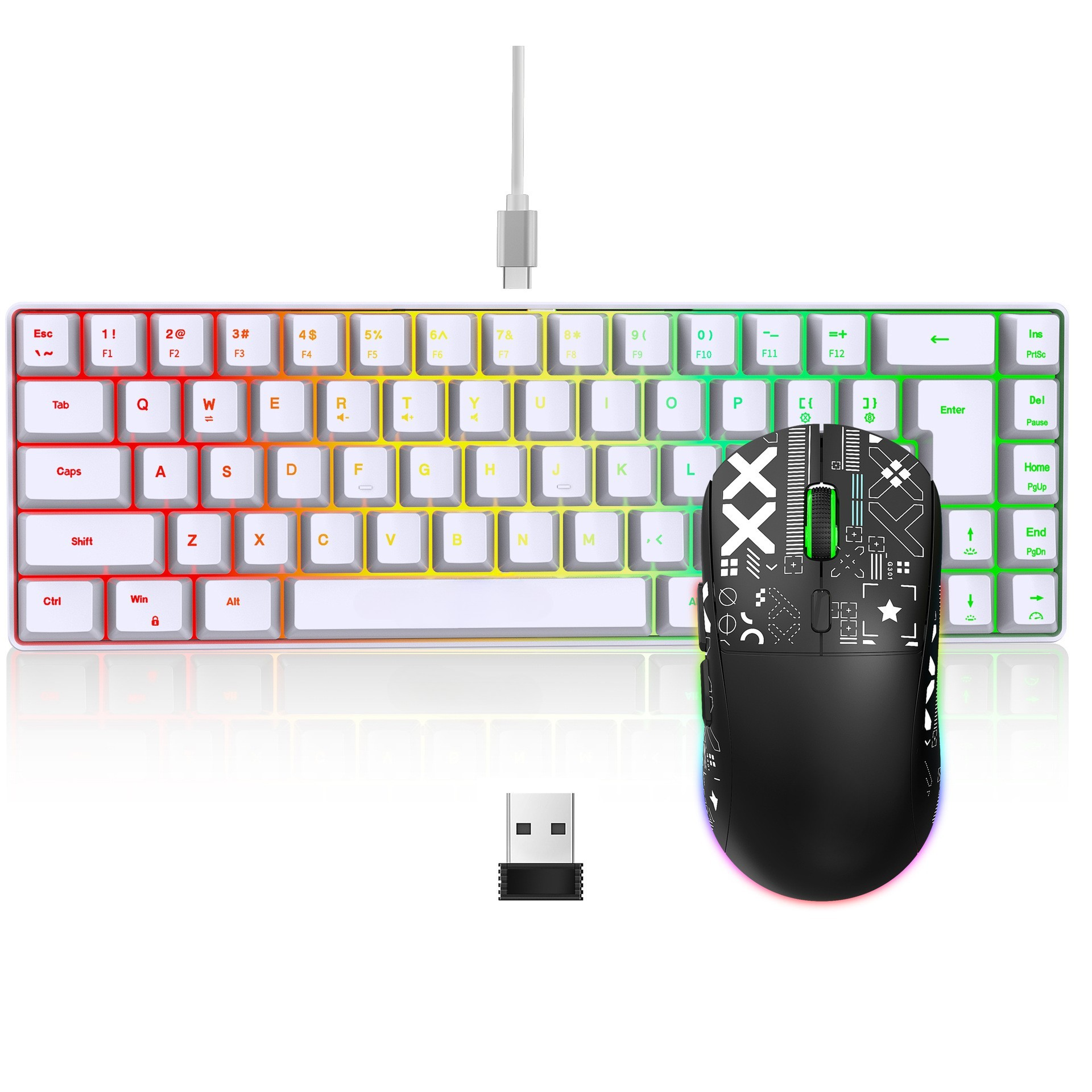 Eine Tastatur, Maus und ein USB-Empfänger.