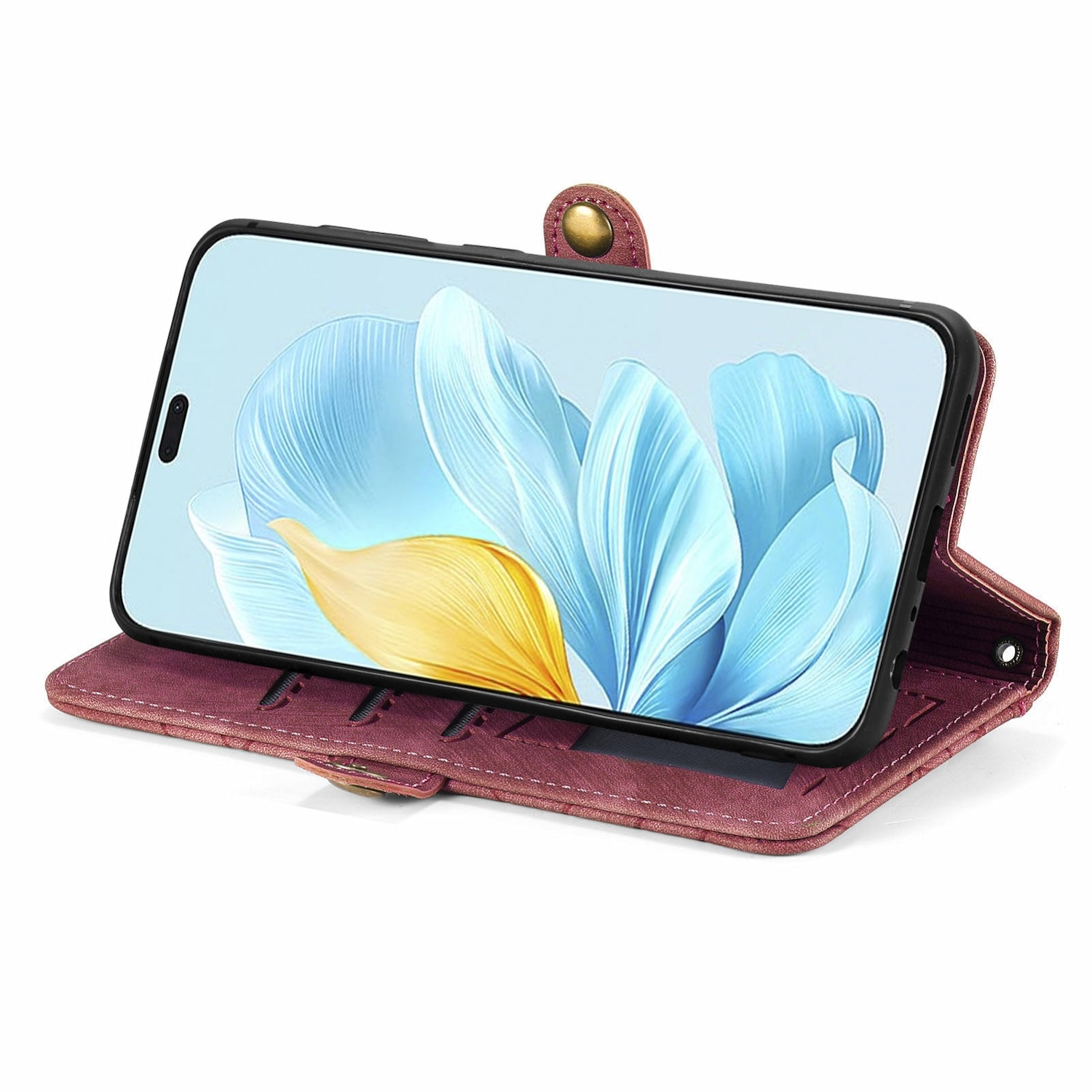 Ein Smartphone in einer roten Brieftaschentasche, das ein Blumenbild auf dem Bildschirm zeigt.