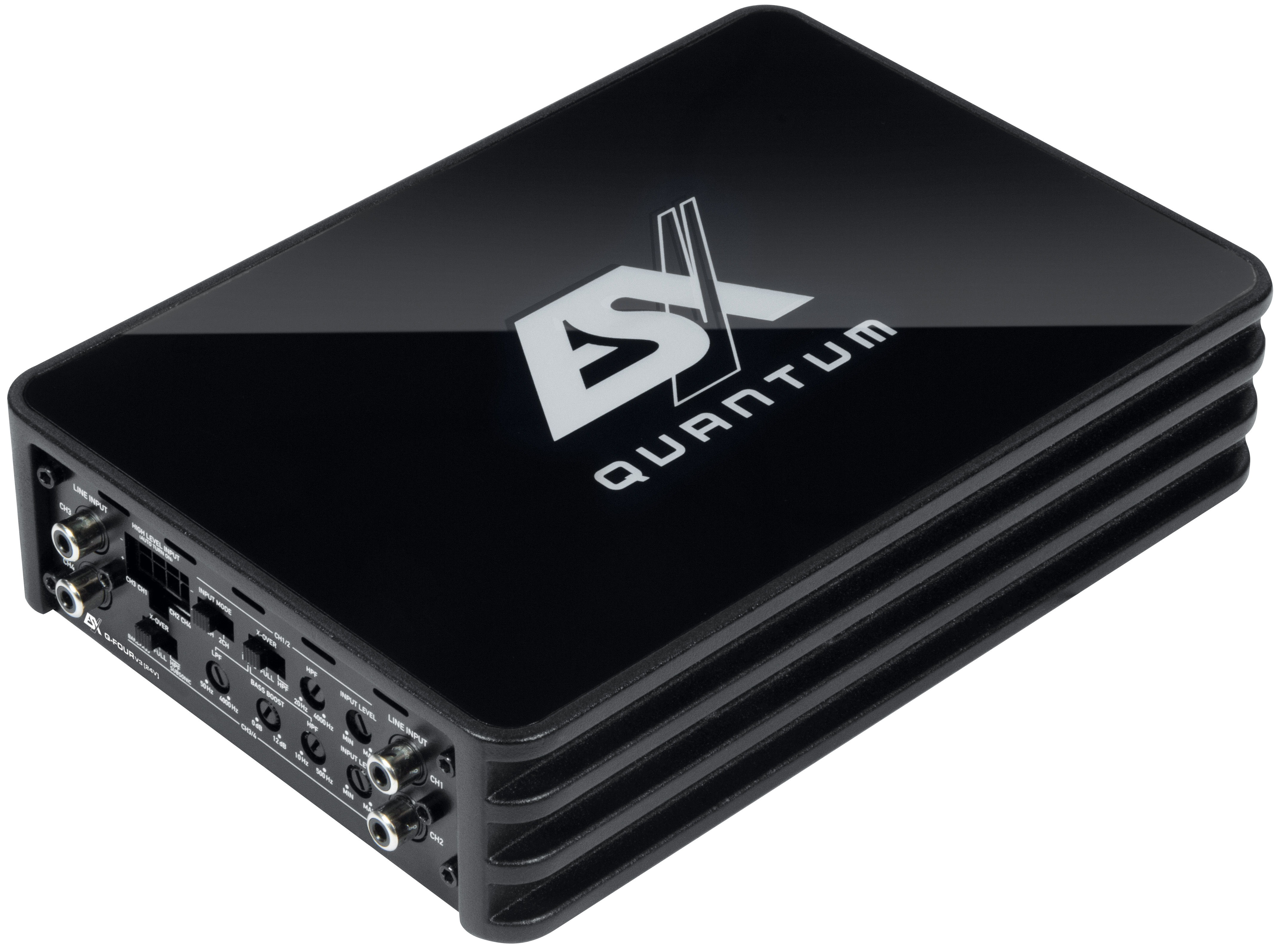 Schwarzer Auto-Audioverstärker mit 'ESX Quantum'-Logo. Enthält verschiedene Ein- und Ausgänge.