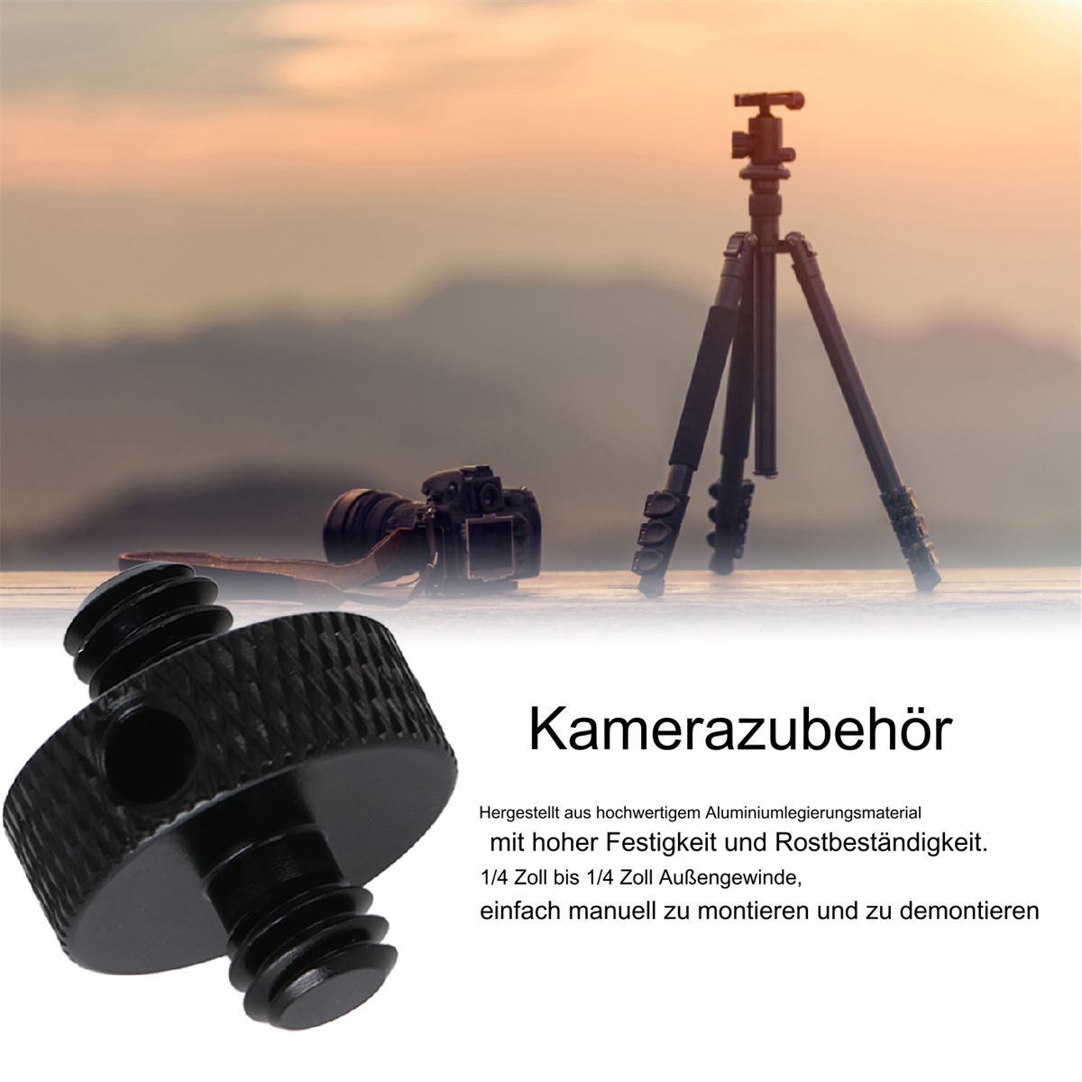 Ein schwarzes Kamerazubehör mit einem Stativ im Hintergrund. Text auf Deutsch.
