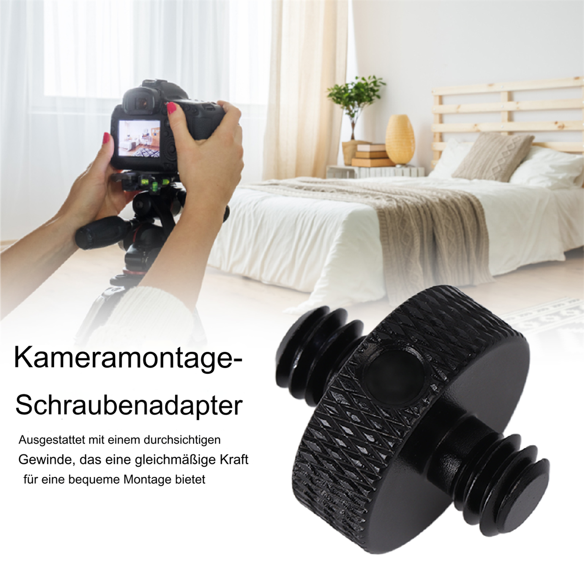 Kamera und Schraubadapter für Fotografie auf einem Bett.