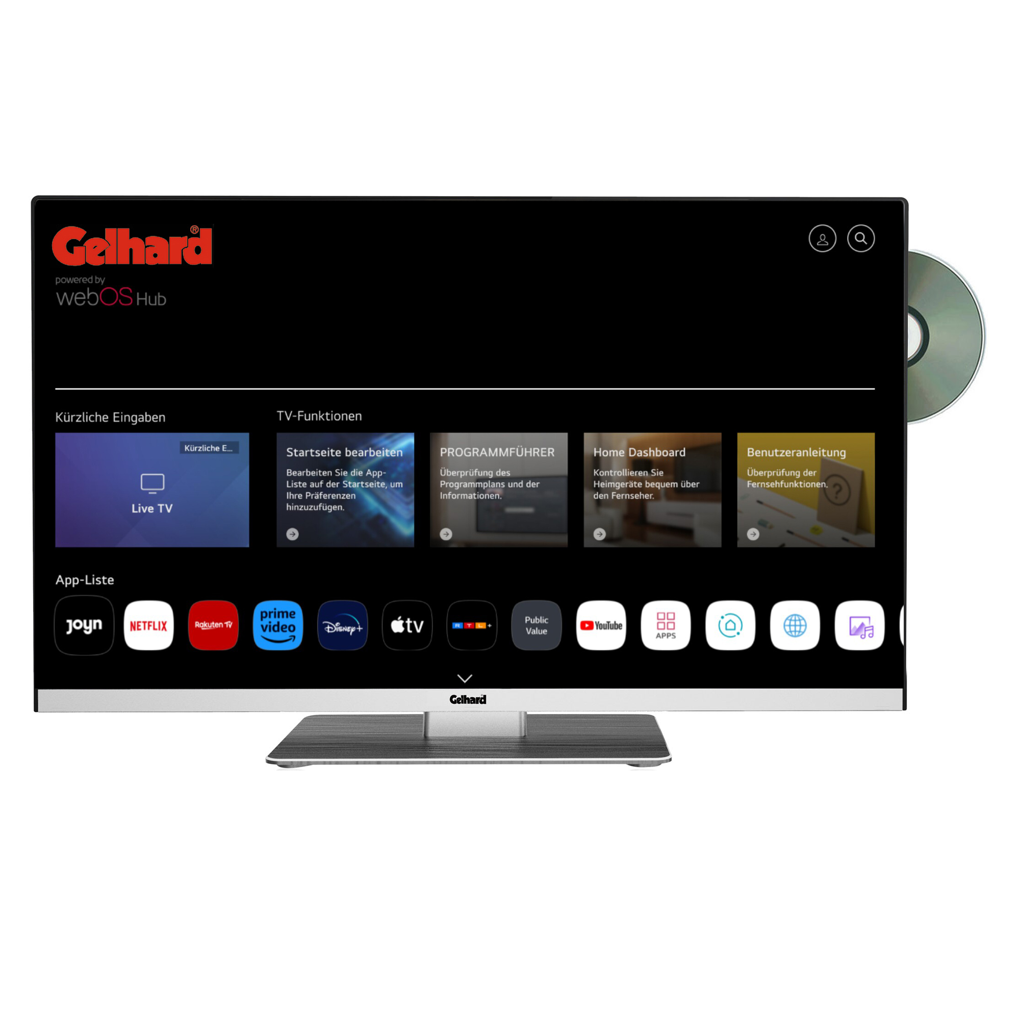Ein Gelhard-TV-Bildschirm mit Menü, DVD und App-Symbolen.