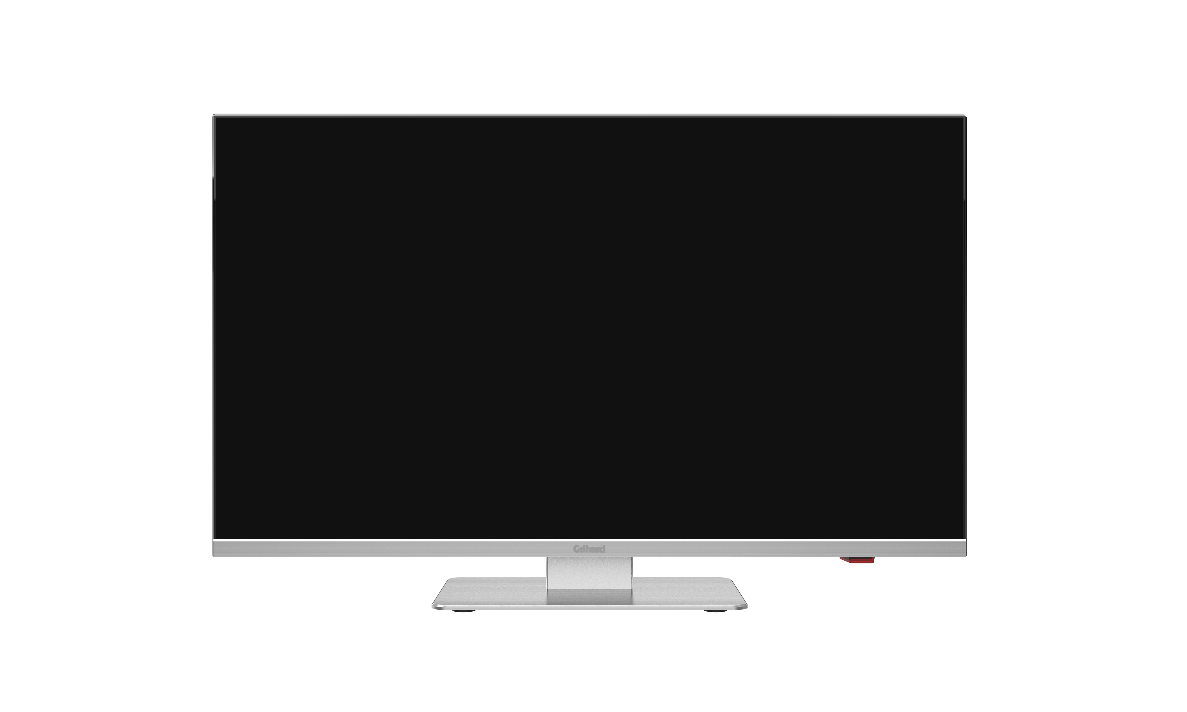 Ein silber gerahmter Flachbildfernseher mit leerem schwarzem Bildschirm und silbernem Sockel.
