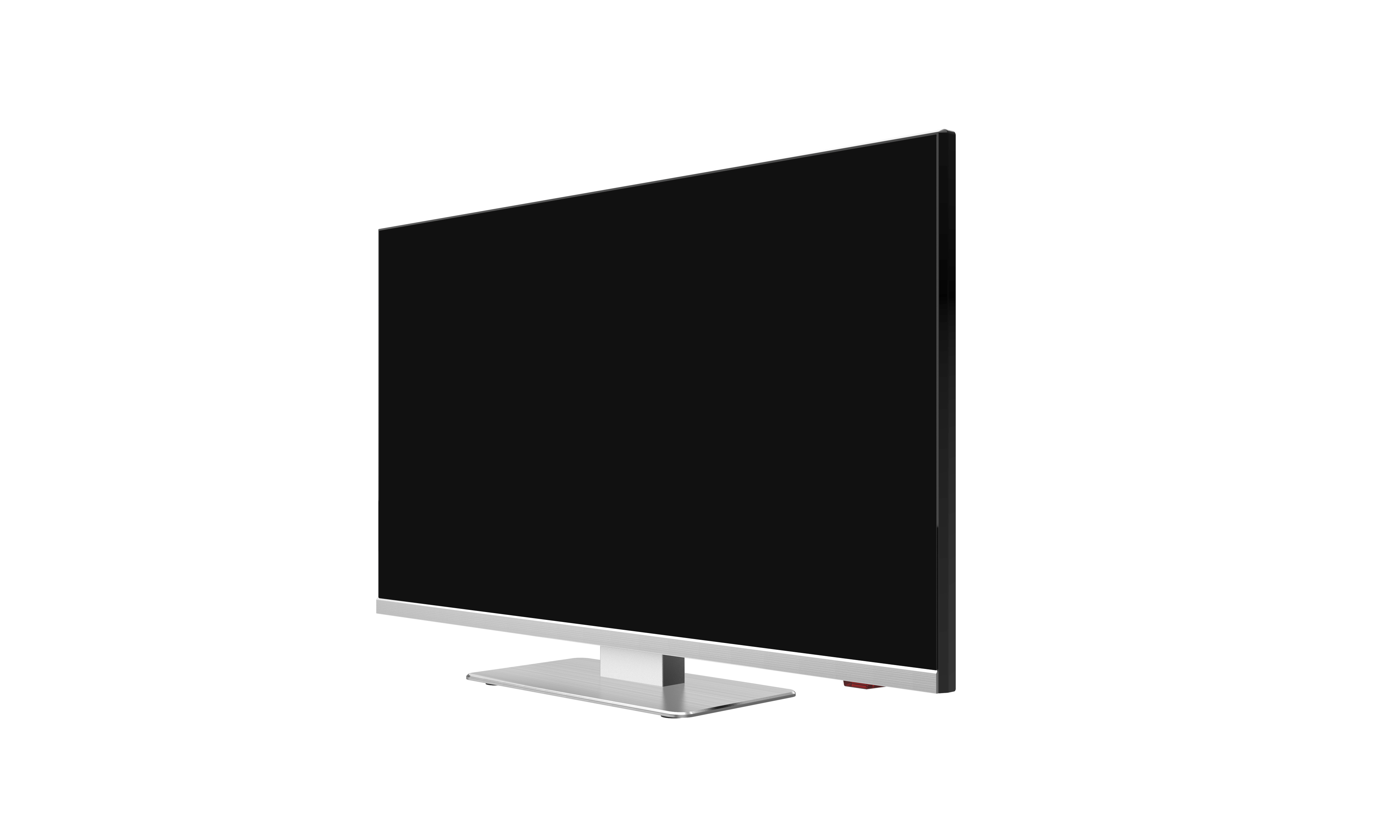 Ein Flachbildfernseher mit schwarzem Bildschirm wird auf einem silbernen Ständer vor weißem Hintergrund gezeigt.