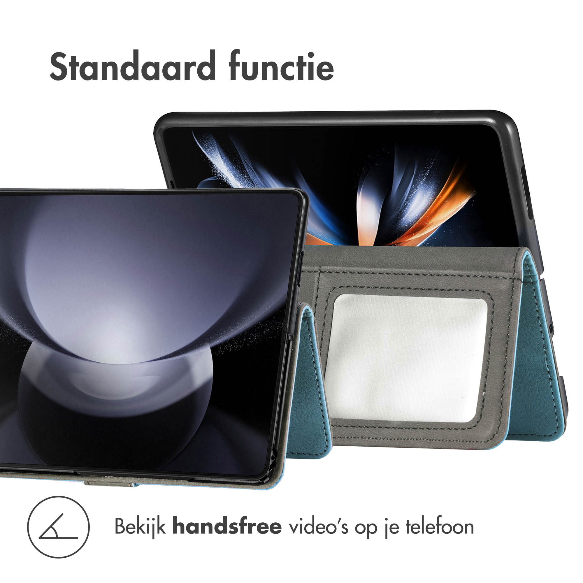 Een rechtopstaande smartphone in een grijze hoes met blauwe rand en venster.
