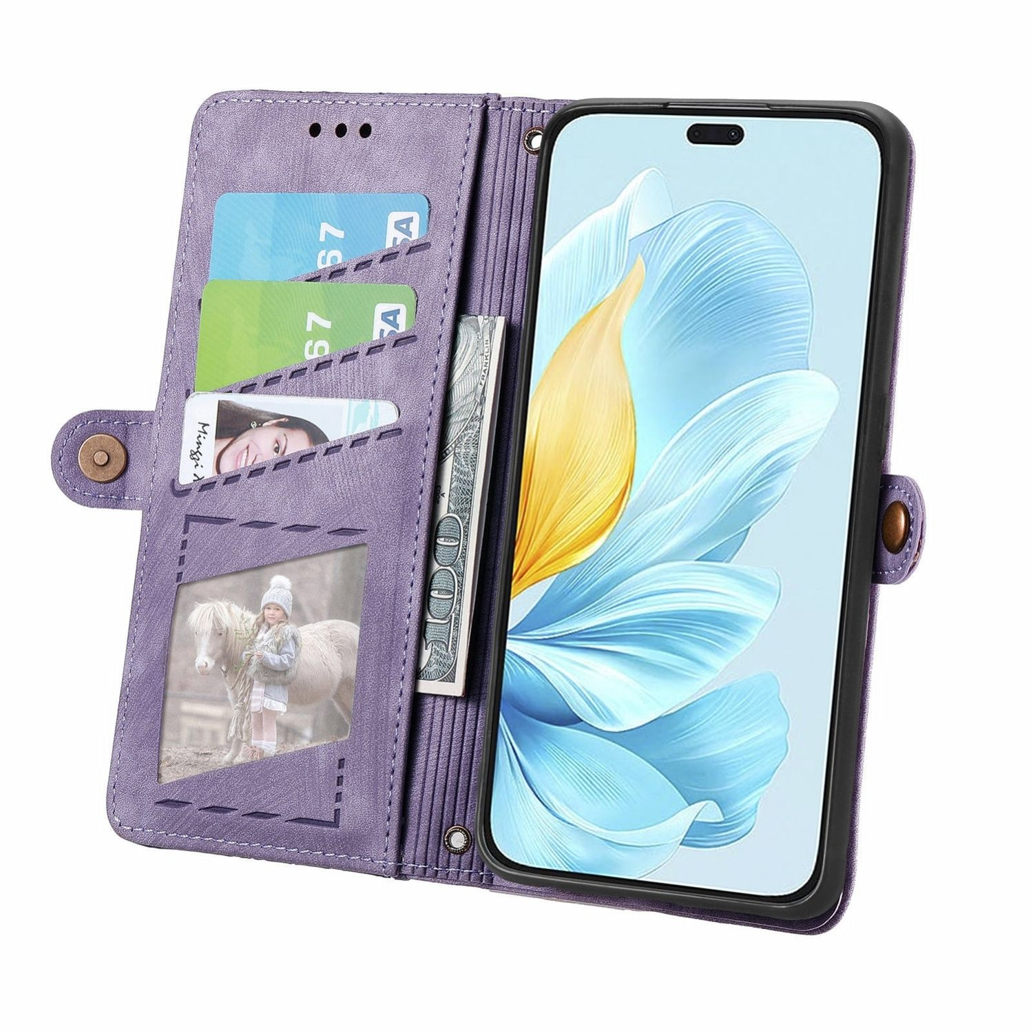 Lila Telefon-Brieftaschen-Hülle, geöffnet, um Karten, Geld und ein Foto zu zeigen. Knopfverschluss sichtbar.