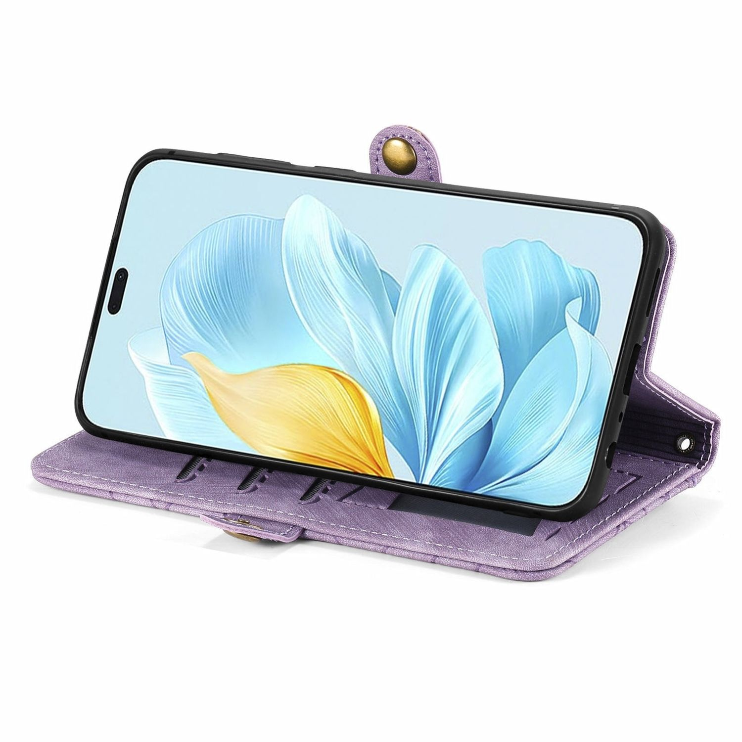 Lila Handyhülle mit Telefon. Telefon zeigt Bildschirm. Weißer Hintergrund.