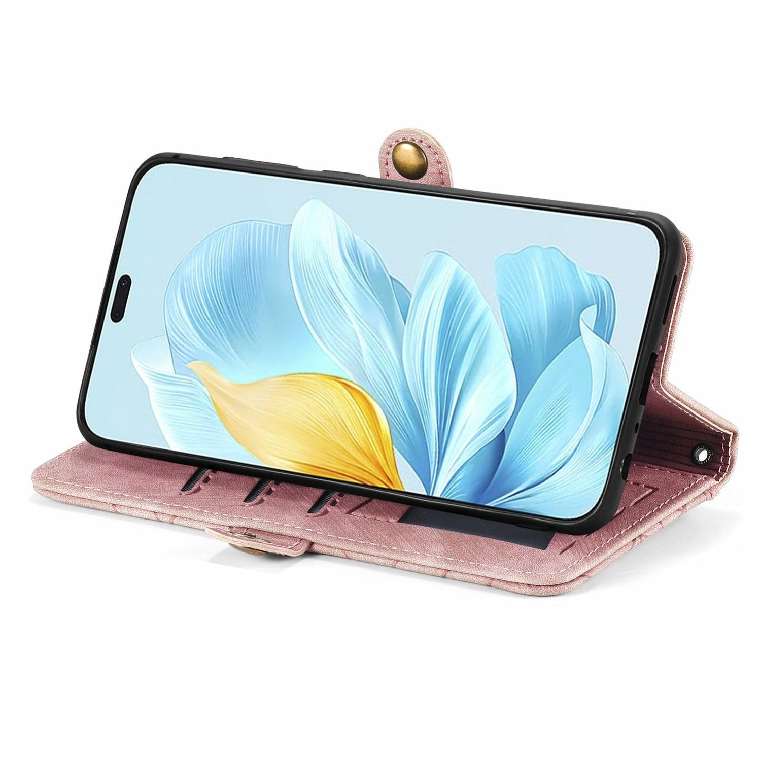 Geöffnete rosa Handyhülle mit einem Handy, das einen blauen Blumengrund zeigt.