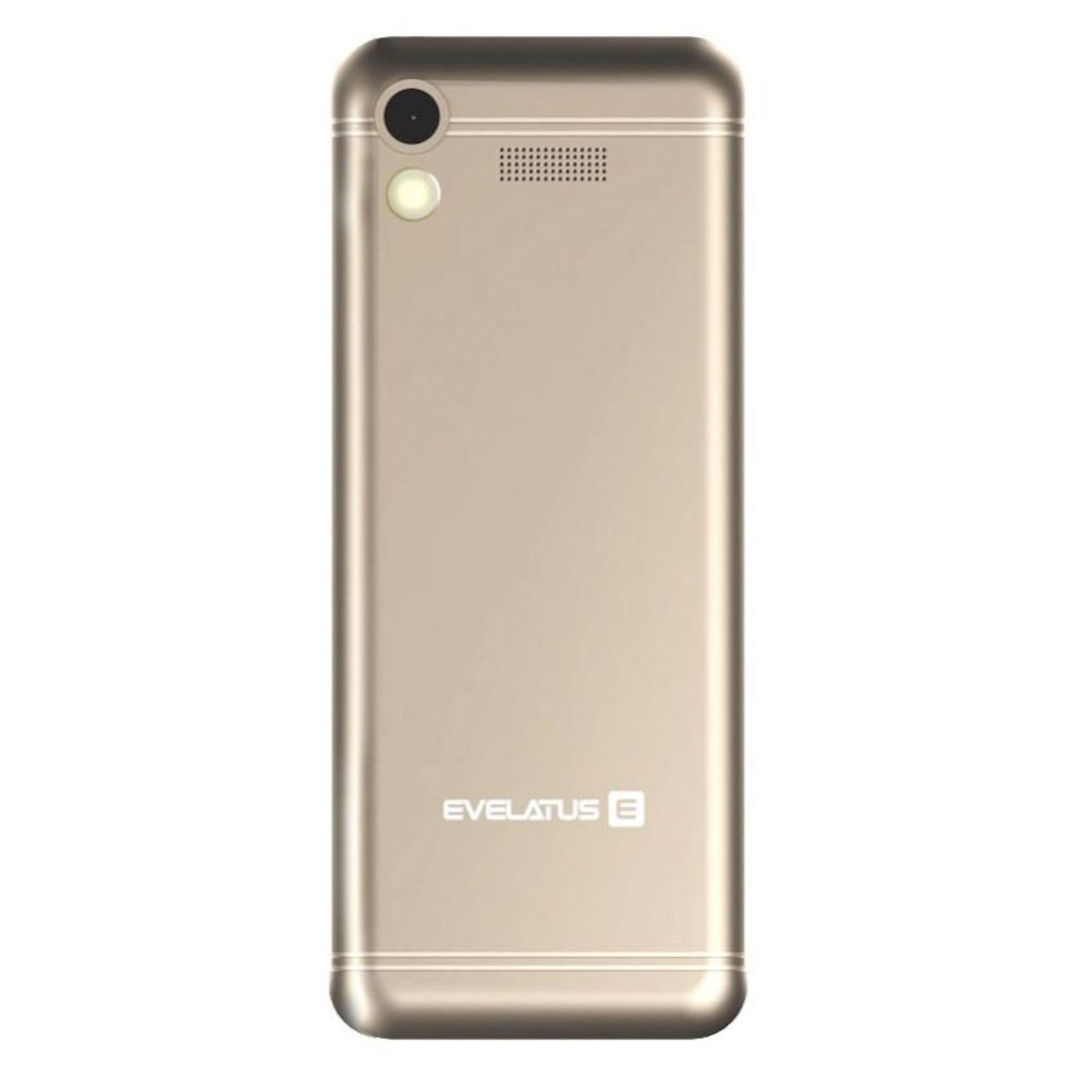 La parte trasera de un teléfono dorado con cámara y altavoz.