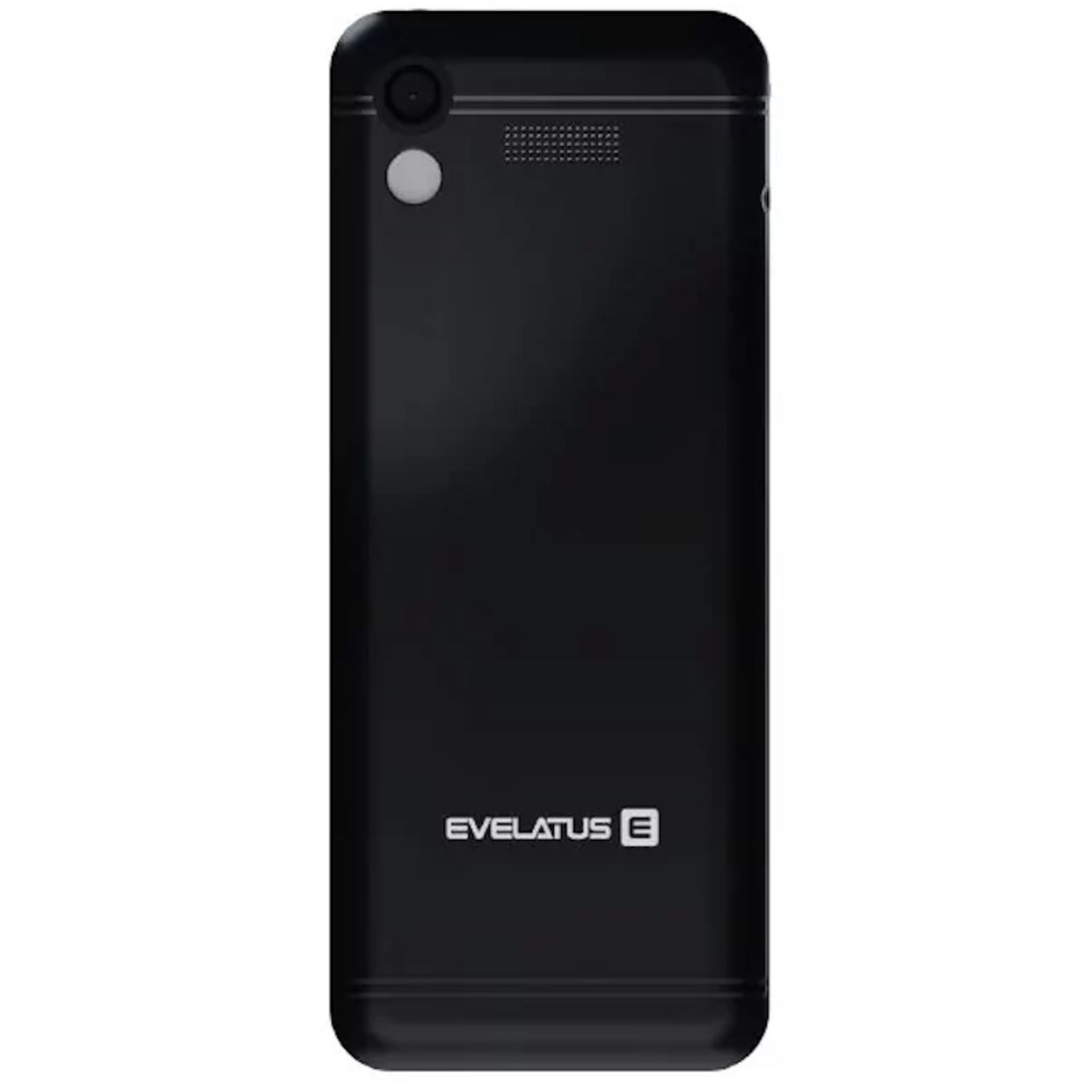 Smartphone negro con cámara y logo E en la parte trasera.