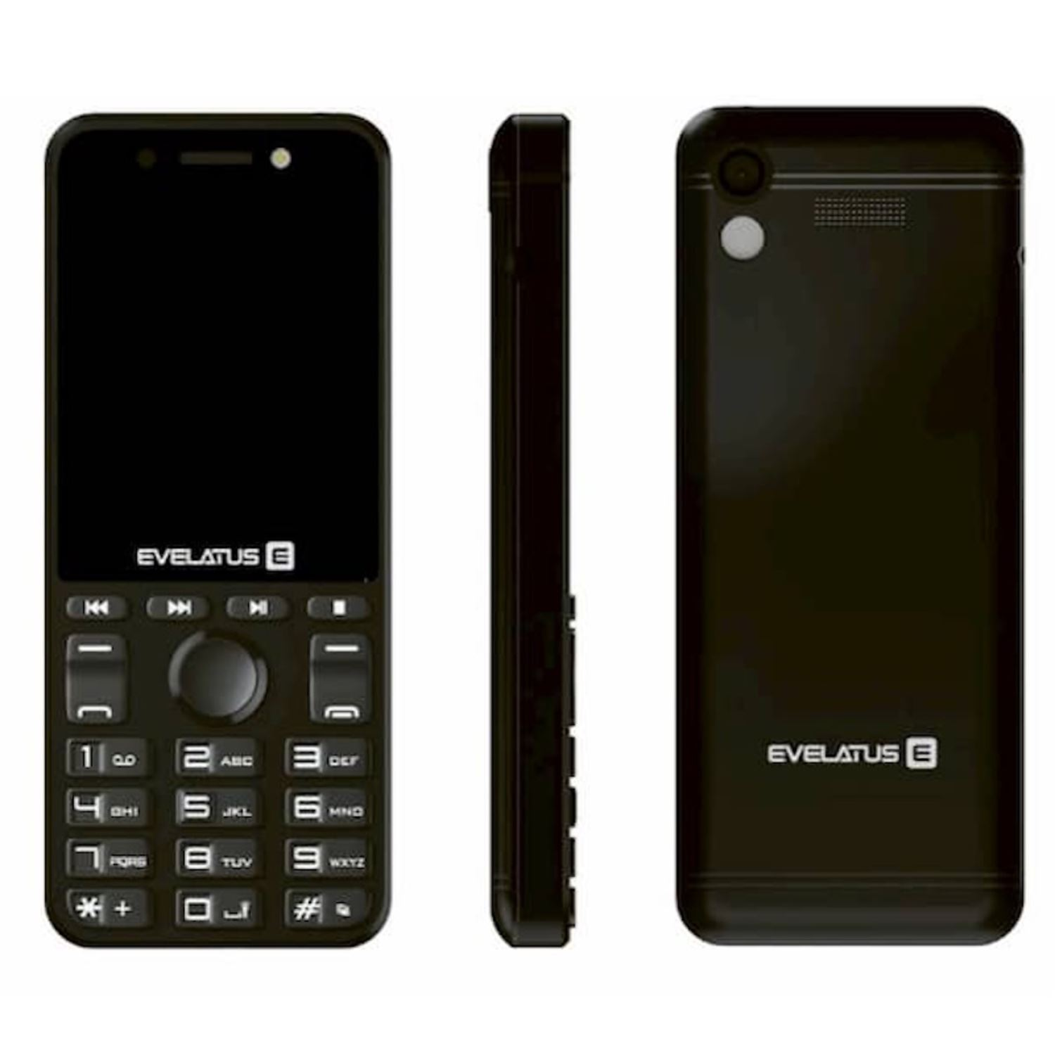 Teléfono negro con pantalla negra, tres vistas, perfil lateral y trasera. EVELETUS E está impreso en la parte trasera.
