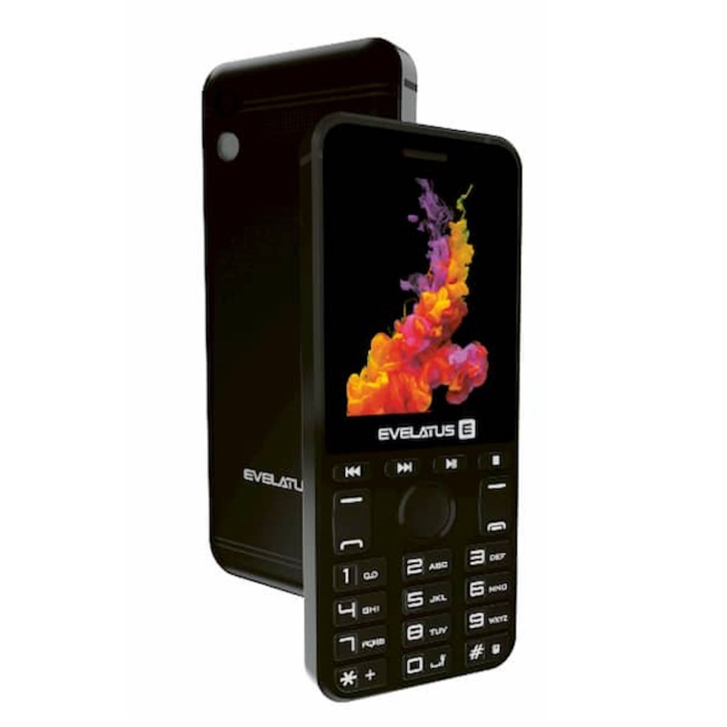 Teléfono inteligente negro con pantalla colorida. La cubierta trasera también es negra.