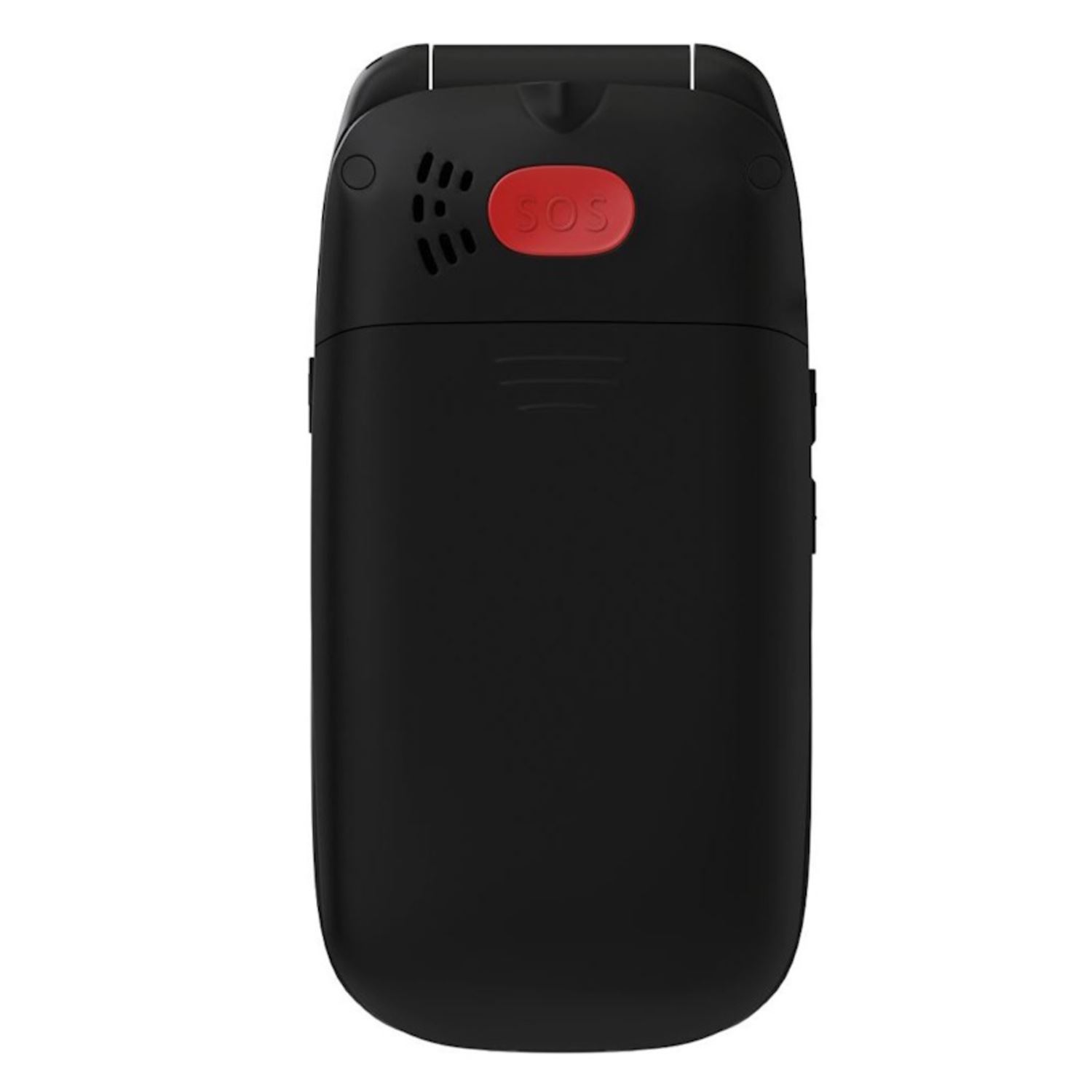 Un teléfono plegable negro. El teléfono está cerrado y el botón SOS es visible.
