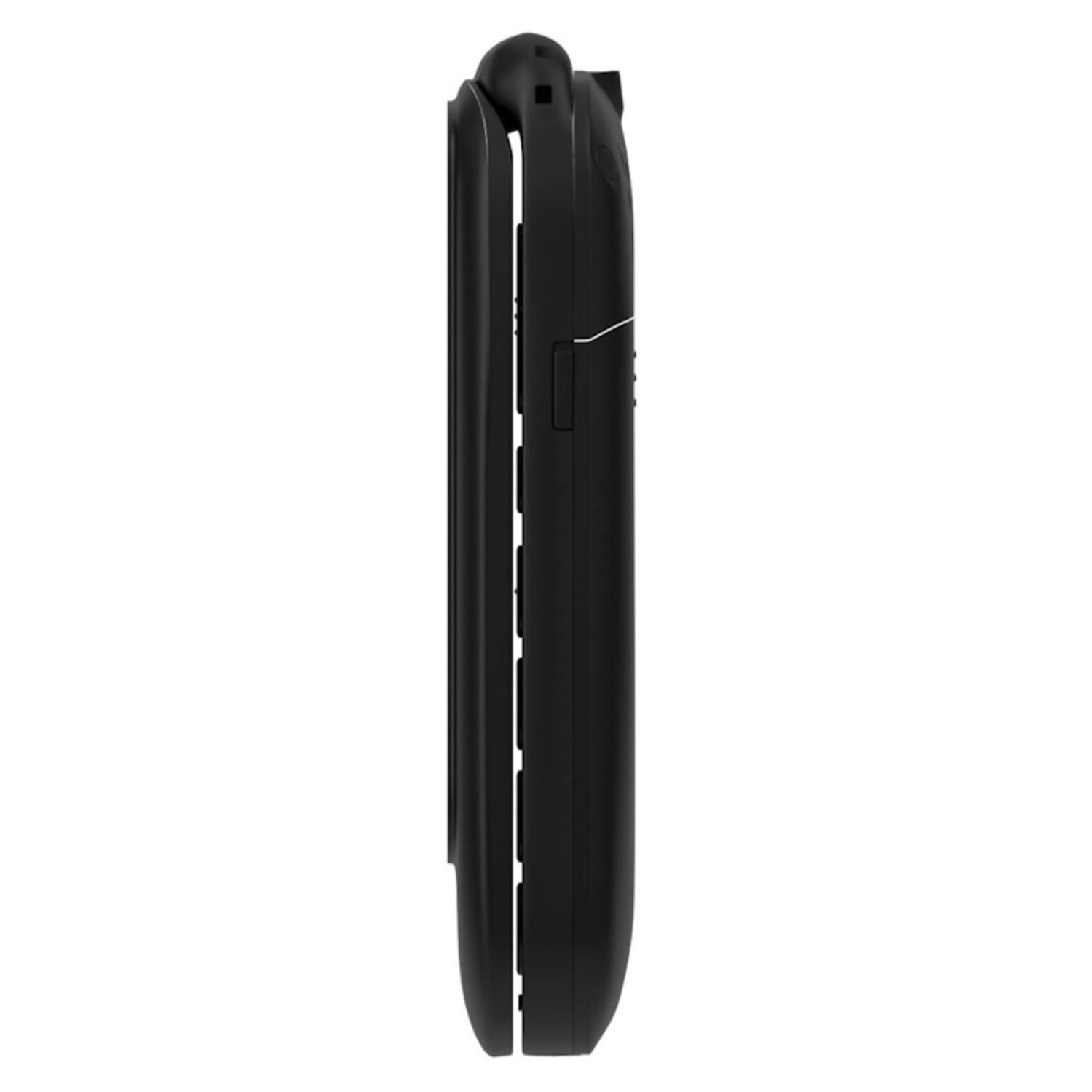 Un teléfono plegable negro, vista lateral, cerrado. El teléfono está sobre un fondo blanco.