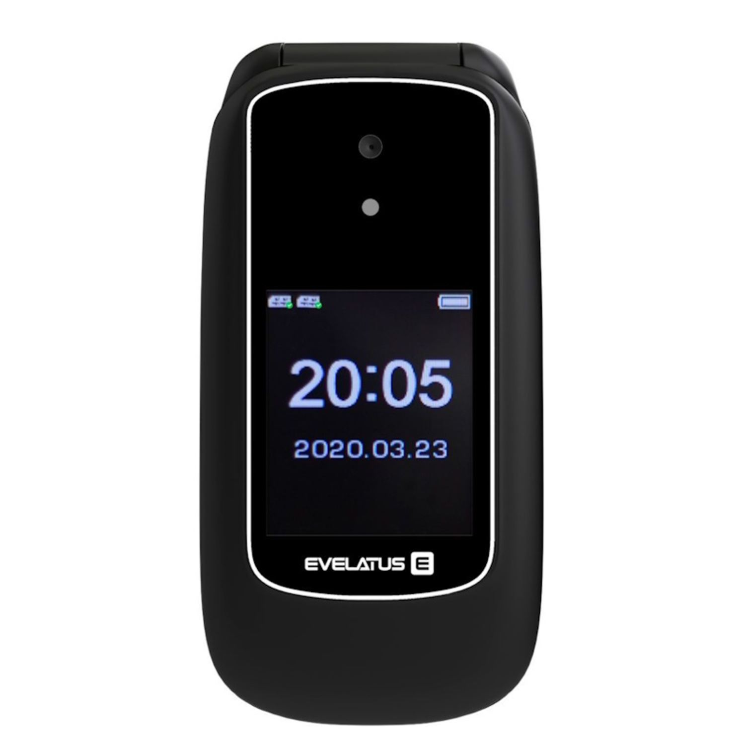 Teléfono plegable negro, cerrado. La pantalla muestra la hora y la fecha. Fondo blanco.