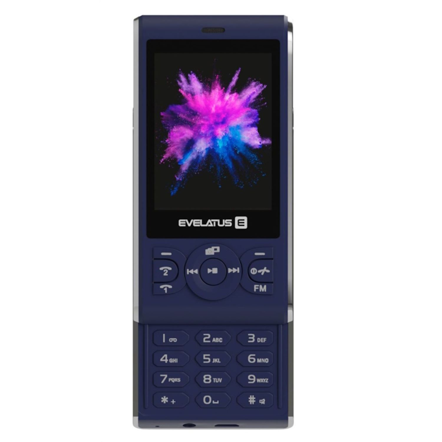 Teléfono plegable azul con pantalla mostrando arte colorido. Teclado y teclas de función visibles.