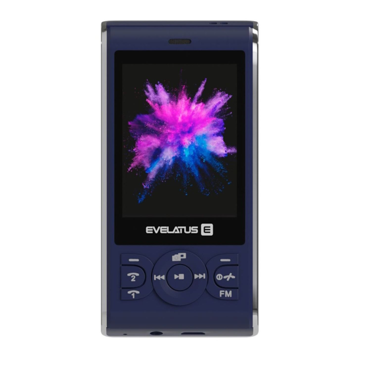 Teléfono azul marino con una pantalla que muestra una imagen abstracta colorida. La marca es Evelatus E.