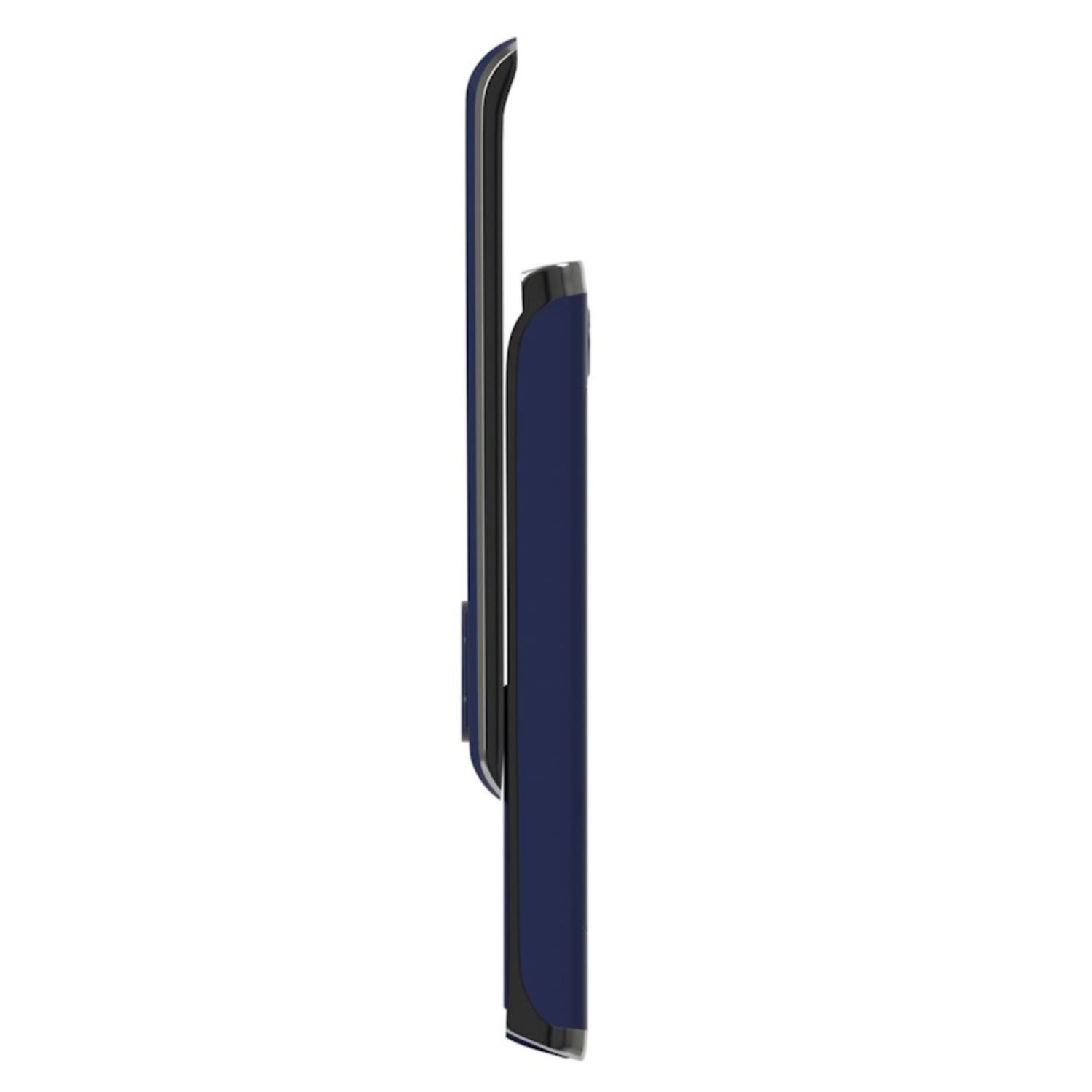 Un teléfono azul y delgado, visto de lado.