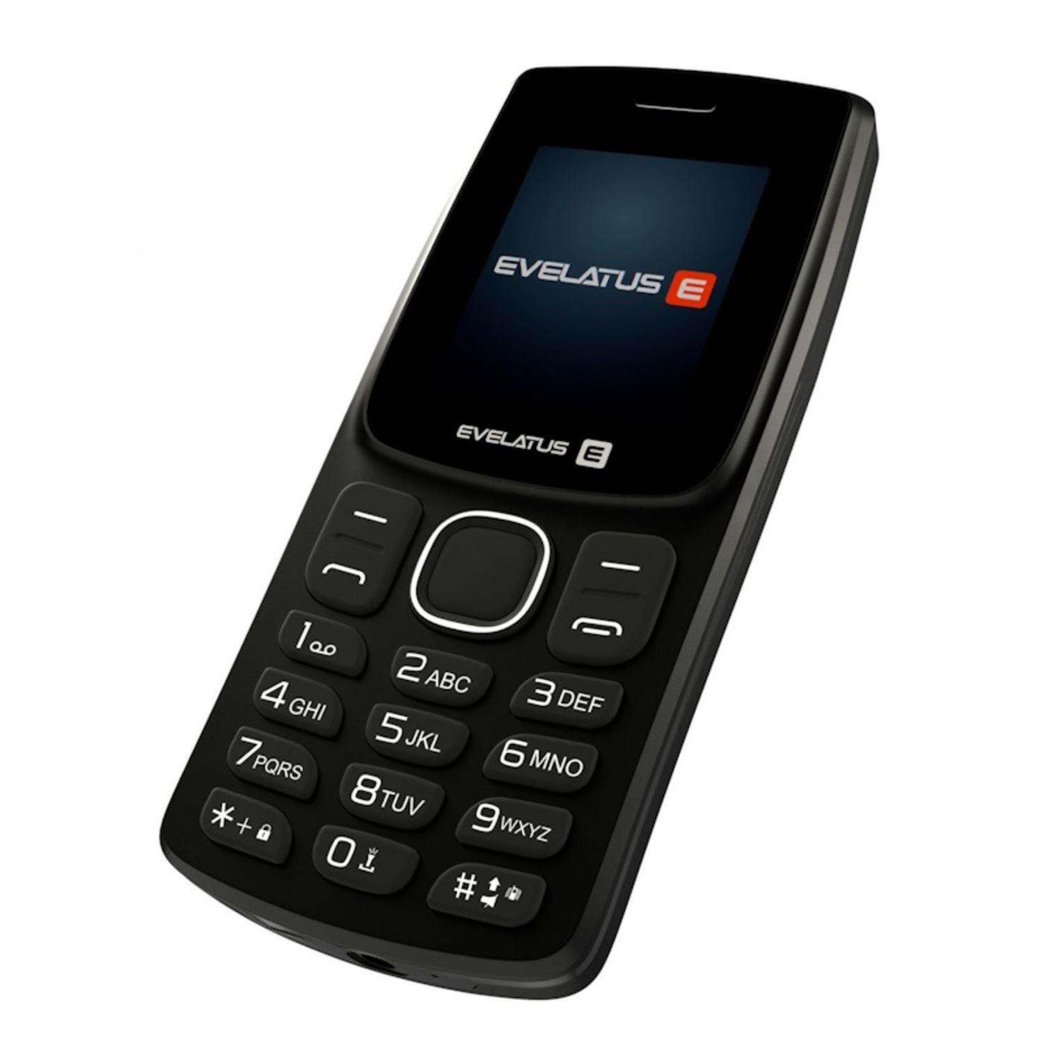 Teléfono móvil negro con teclado y pantalla pequeña.