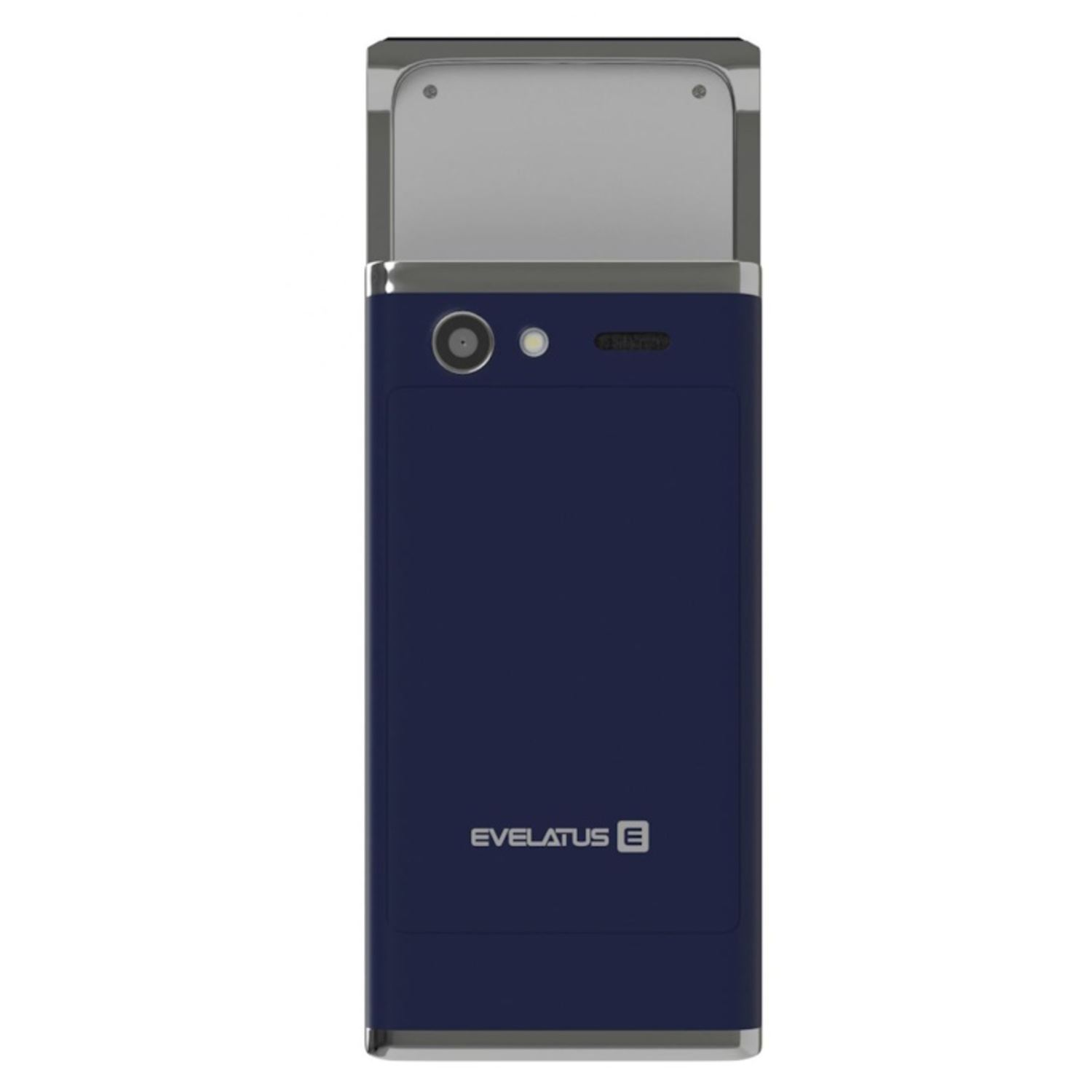Smartphone azul marino con parte superior plateada. La marca "EVELATUS" está abajo.