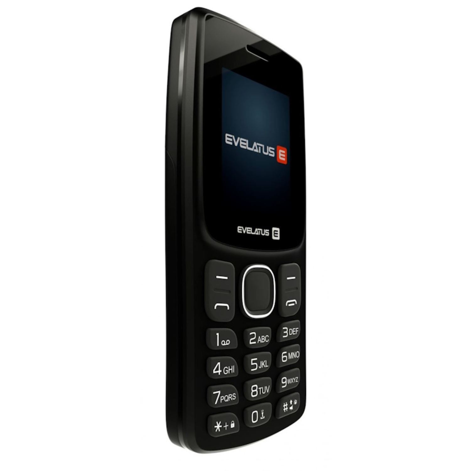 Teléfono móvil negro, vista lateral. Pantalla con el logotipo Evelatus y teclado numérico.