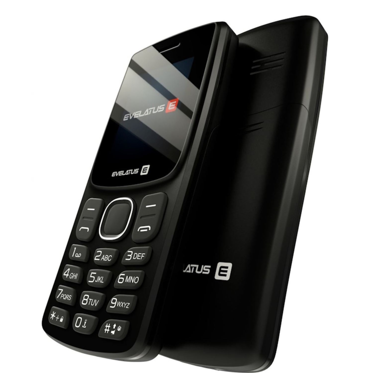 Teléfono móvil negro con botones blancos. Se muestran dos teléfonos. Fondo blanco.