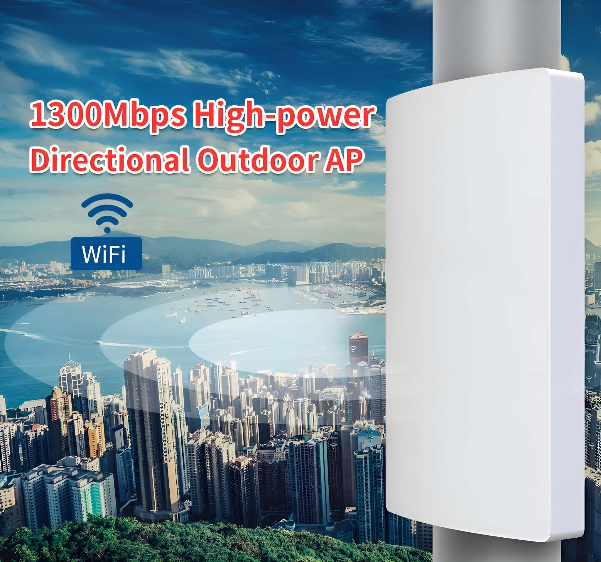 Ein weißer Richtungs-Outdoor-AP, der an einem Mast montiert ist, mit Wifi-Logo und Stadtlandschaft im Hintergrund.