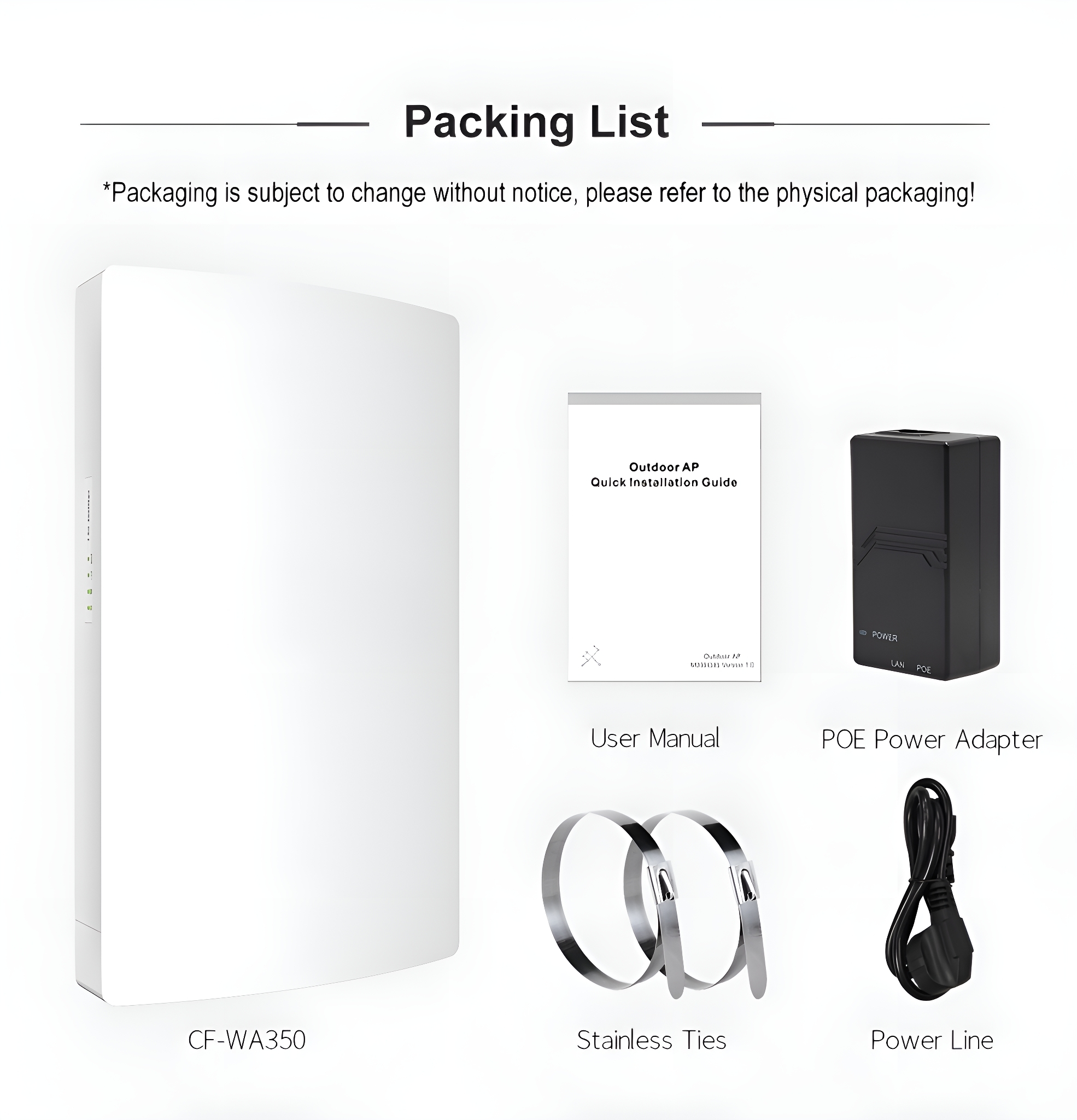 Packliste eines Outdoor AP, Benutzerhandbuch, Netzteil, Edelstahlbänder und eine Stromleitung.