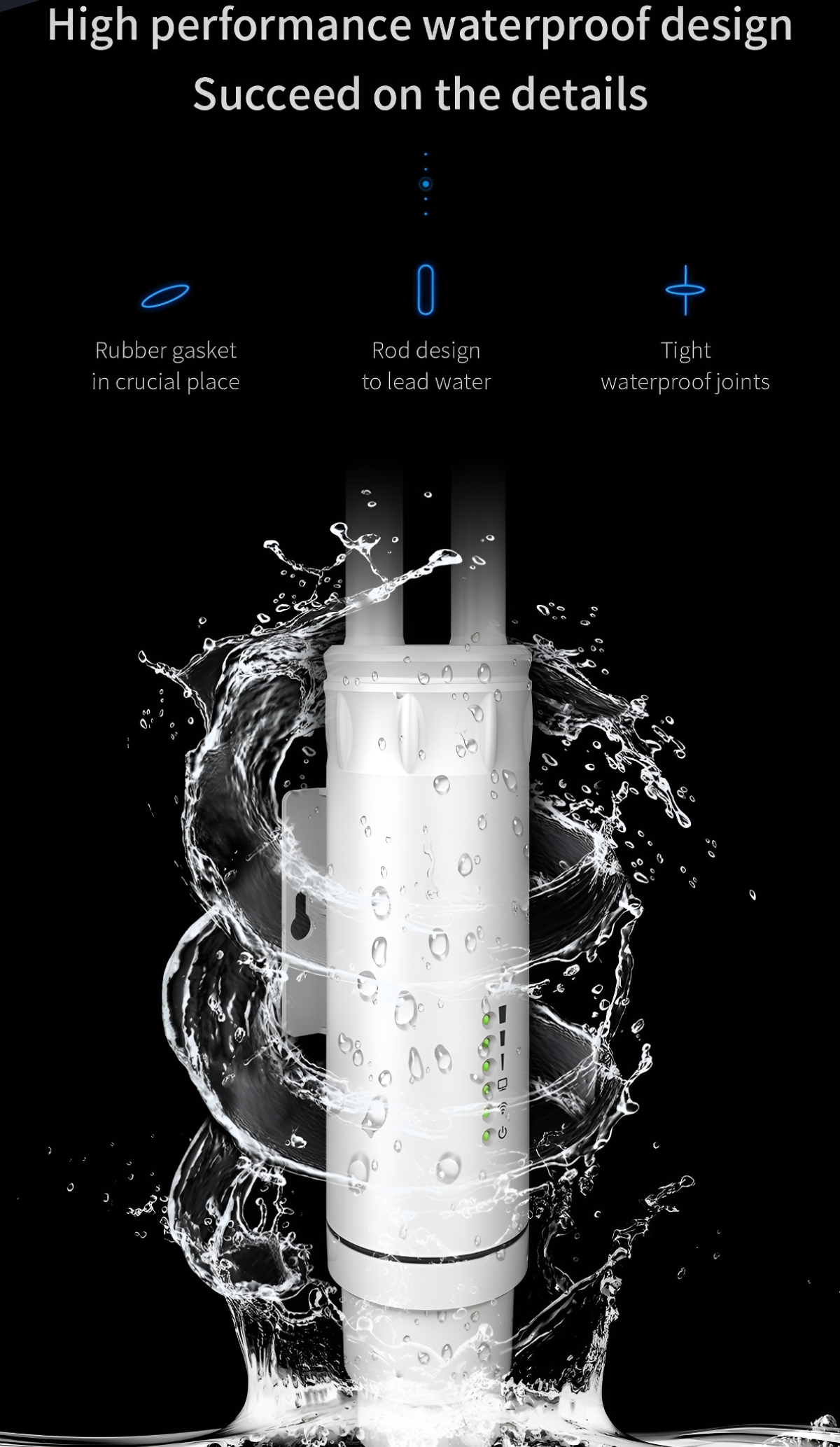 Weiße Außenantenne mit schwarzem Hintergrund. Es gibt Text und Symbole zur Wasserbeständigkeit und zum Design.