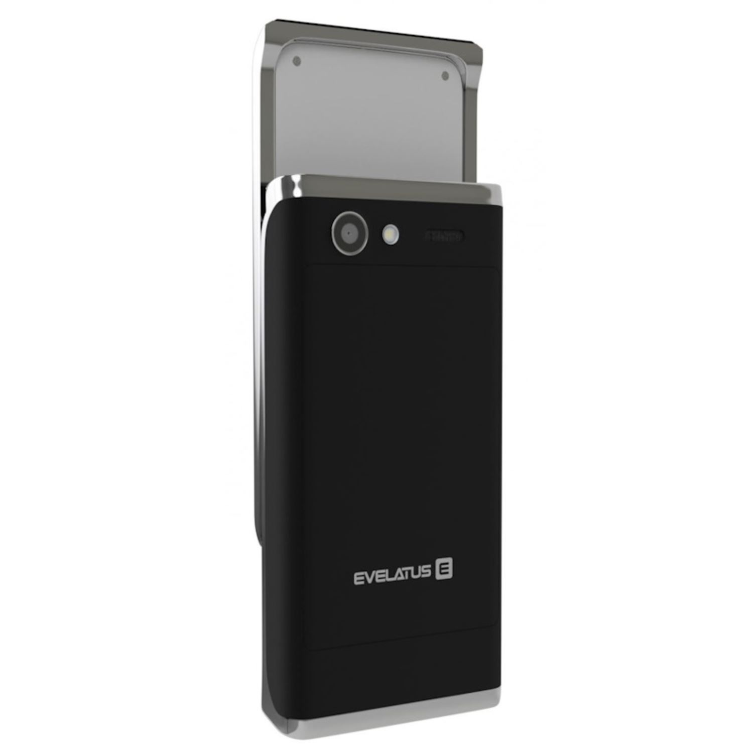 Teléfono plegable negro con marco plateado, abierto. Cámara y nombre de la marca visibles.