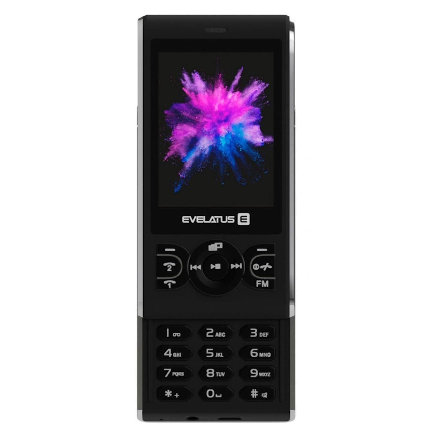 Un teléfono plegable negro, cerrado, con una pantalla colorida y un teclado numérico, sobre fondo blanco.