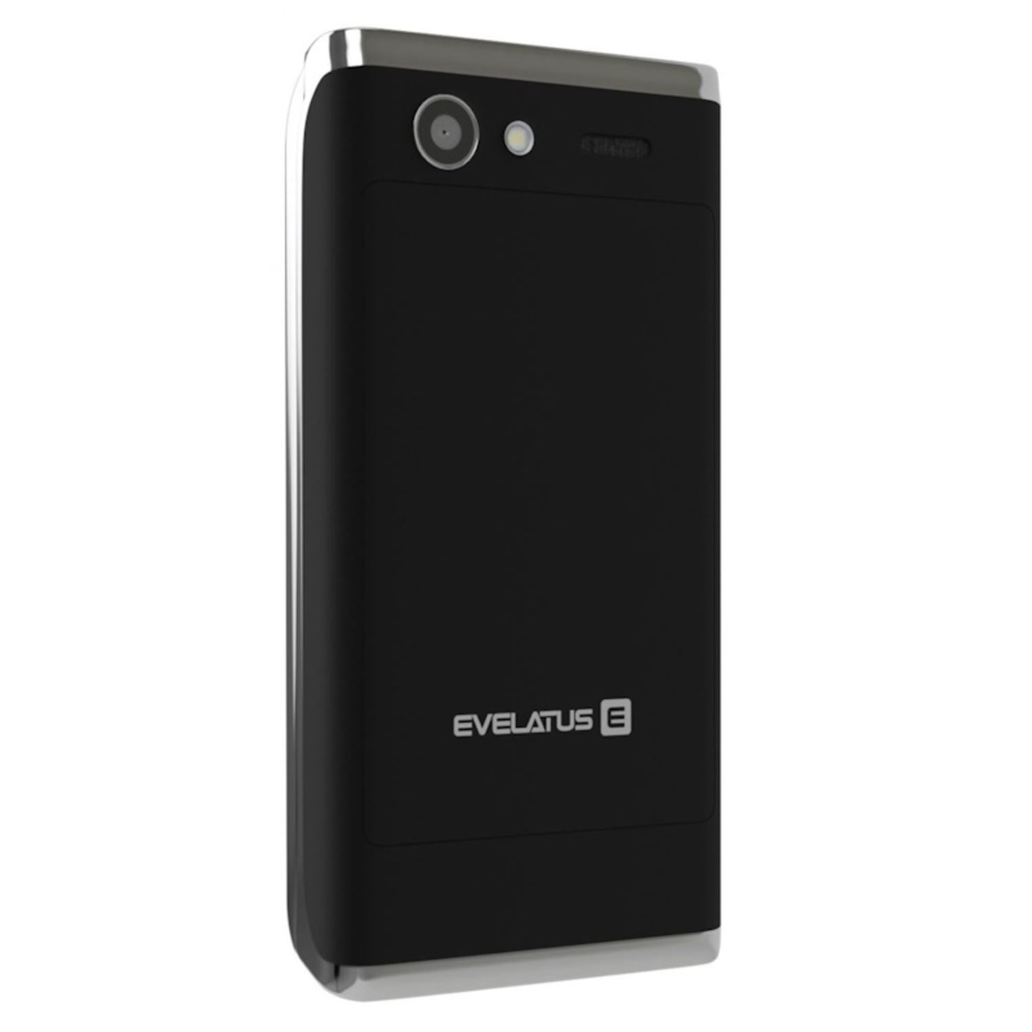 Smartphone negro, cámara y flash arriba. Logo EVELLATUS en la parte trasera, marco plateado.
