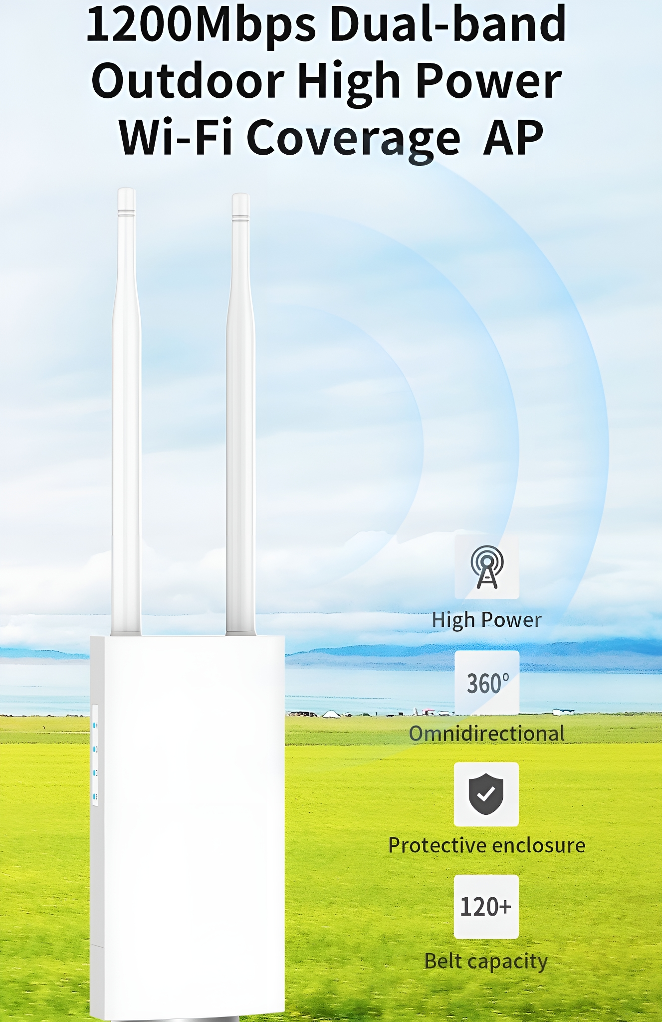Weißer WLAN-Extender mit zwei Antennen, Text-Overlay. Grünes Feld und blauer Himmel im Hintergrund.