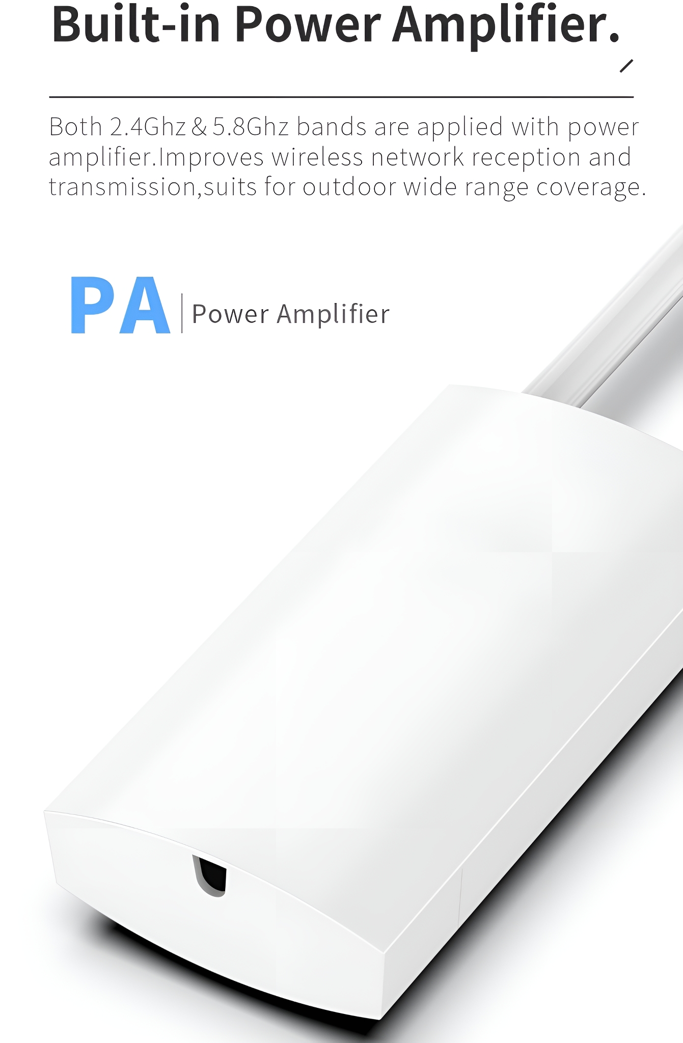 Ein weißes rechteckiges Gerät mit dem Text PA Power Amplifier, Text: Built-in Power Amplifier.